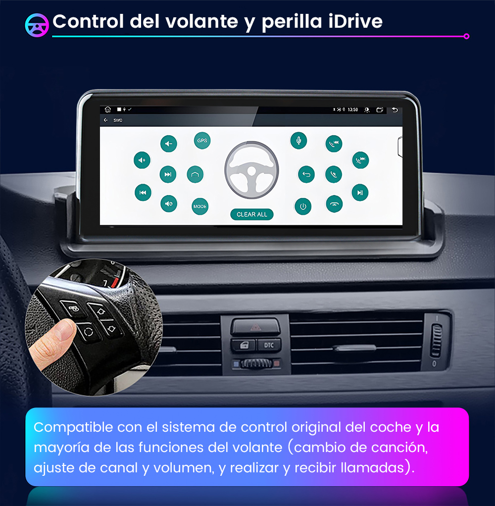 Pantalla del salpicadero del coche que muestra opciones de control y una mano que interactúa con los controles del volante.