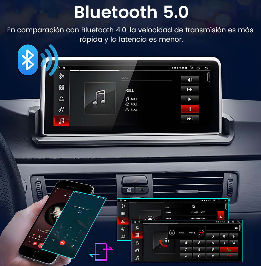 Pantalla del salpicadero del coche con Bluetooth 5.0, mostrando una interfaz de música y teléfonos conectados.