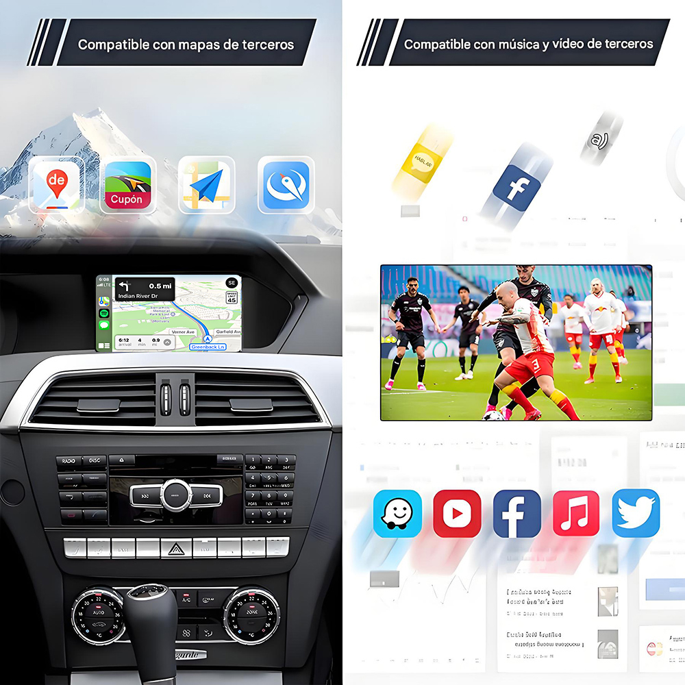 Pantalla del salpicadero del coche que muestra iconos de navegación y aplicaciones. El fondo tiene montañas y cielo.