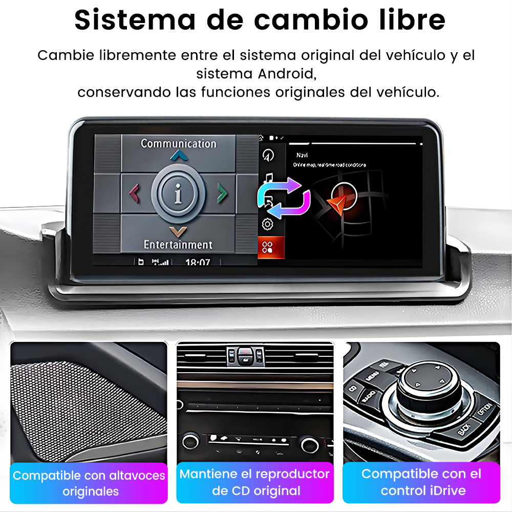 Pantalla del salpicadero del coche con sistema Android, mostrando comunicación, entretenimiento y una perilla de control.