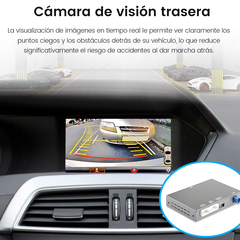 Pantalla del coche muestra vista trasera con líneas de estacionamiento y dispositivo.