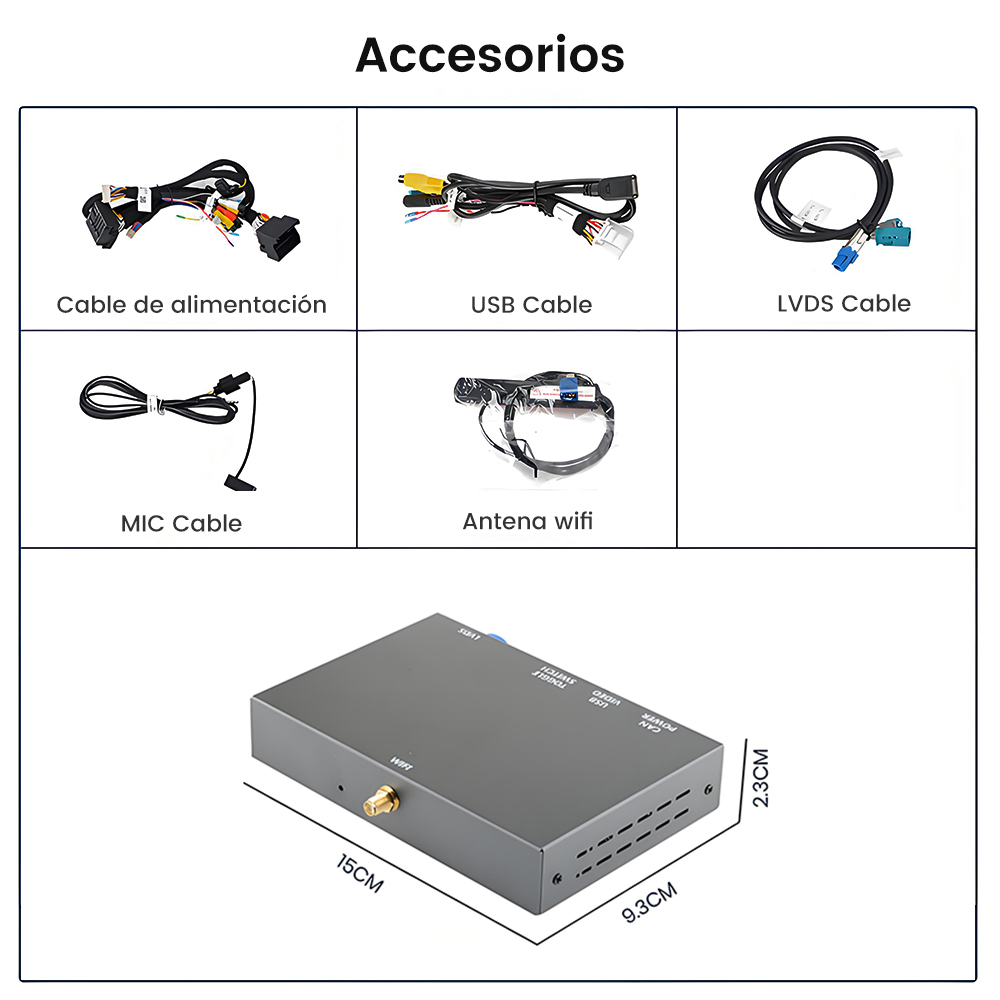 Accesorios: cable de alimentación, cable USB, cable LVDS, cable MIC y antena wifi.