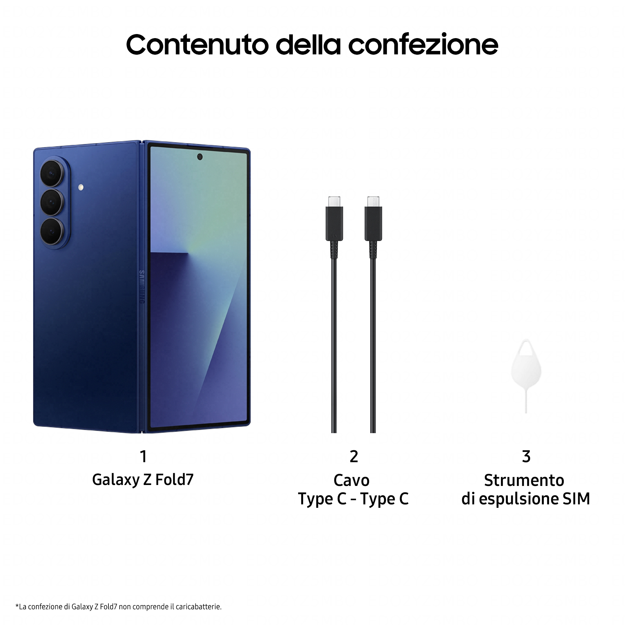 Niebieski telefon ze złożonym ekranem, dwoma czarnymi kablami USB-C i wyrzutnikiem SIM.