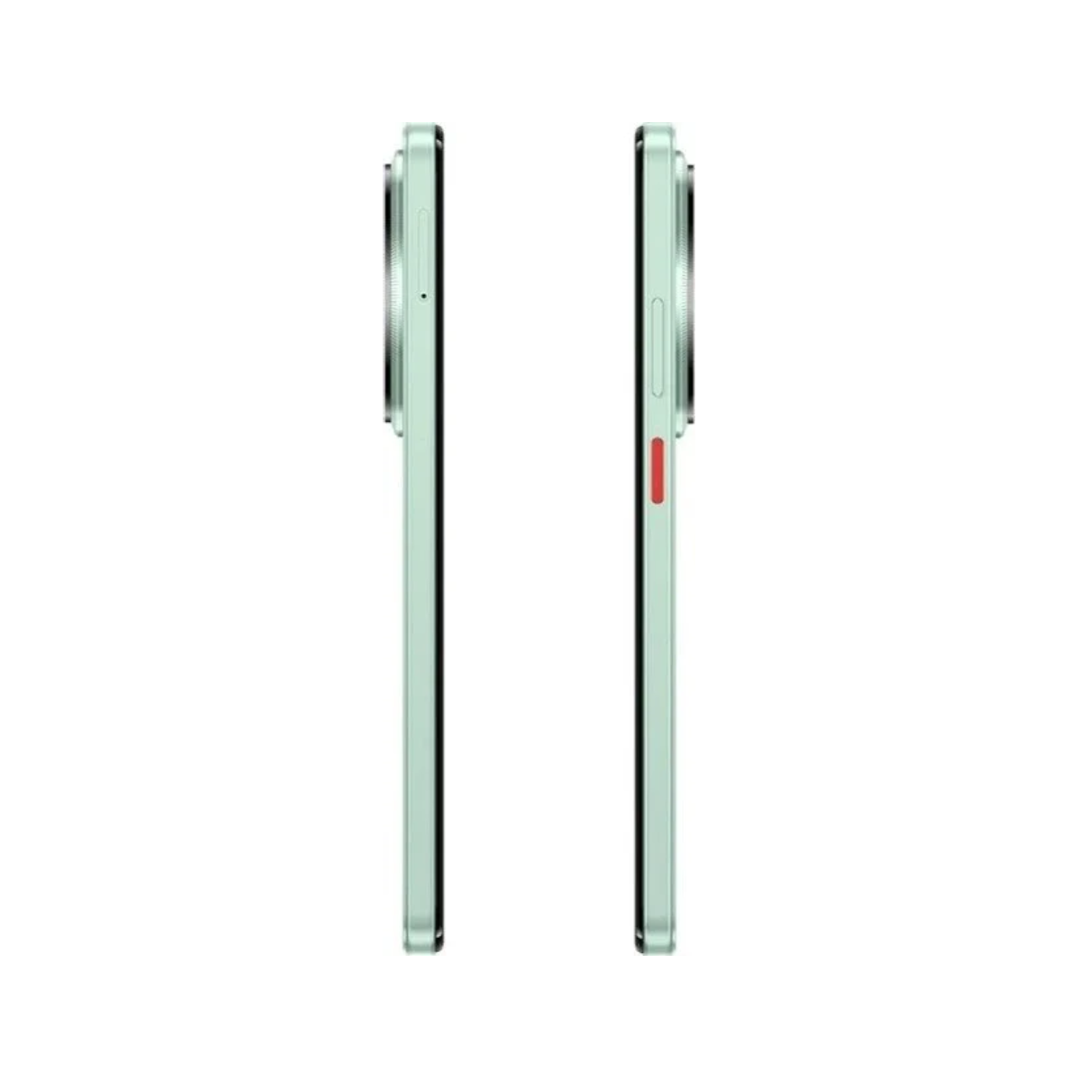 Dwa miętowo-zielone telefony obok siebie. Jeden ma czerwony przycisk.