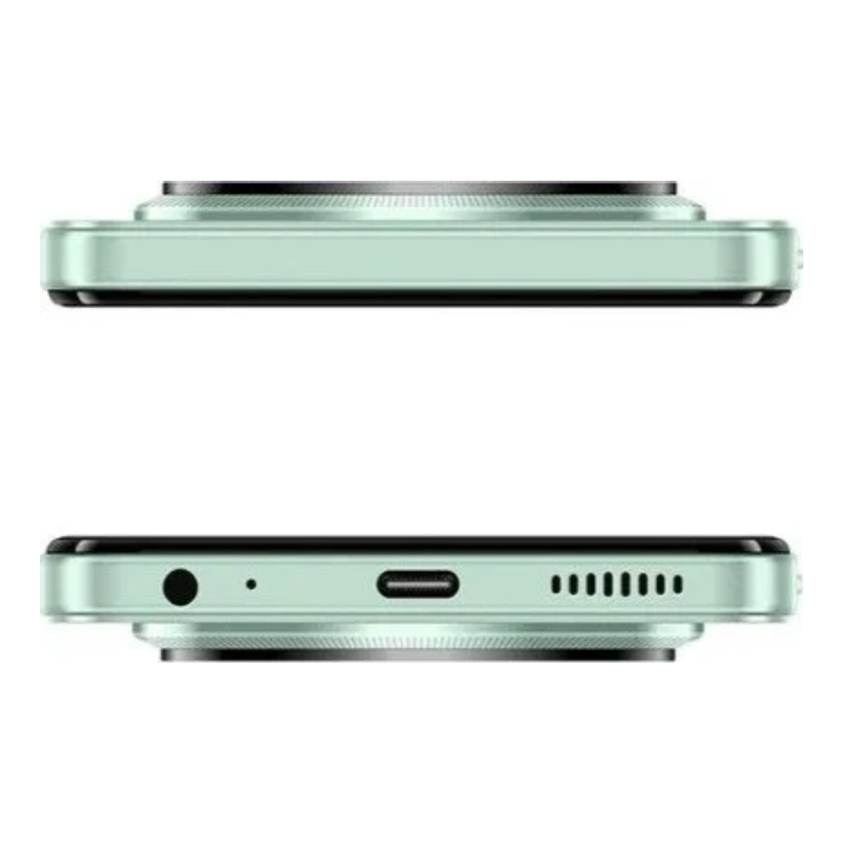 Dwa widoki z boku miętowego telefonu. Widok z góry ma aparat. Widok z dołu ma port, mikrofon i głośnik.