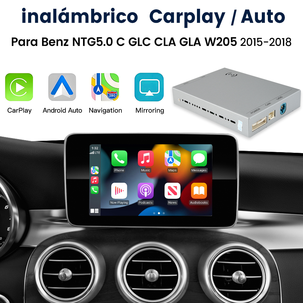 Sistema Carplay/Android Auto para coche Benz. Muestra salpicadero del coche con pantalla.