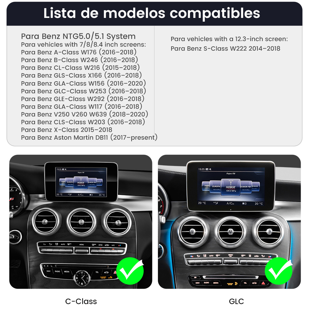 Lista de modelos de coches compatibles con capturas de pantalla de salpicaderos. Se muestran modelos C-Class y GLC.