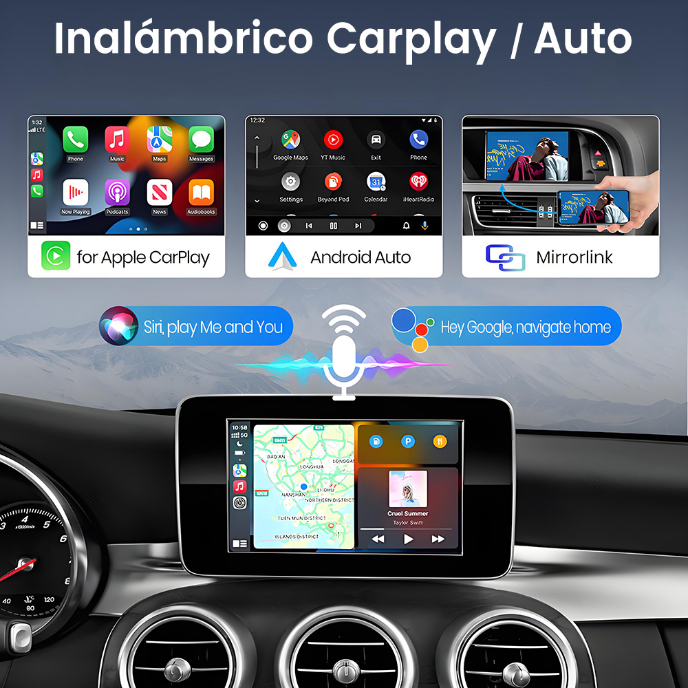 Interfaz Inalámbrico CarPlay / Auto. Muestra CarPlay, Android Auto, Mirrorlink, con salpicadero del coche.