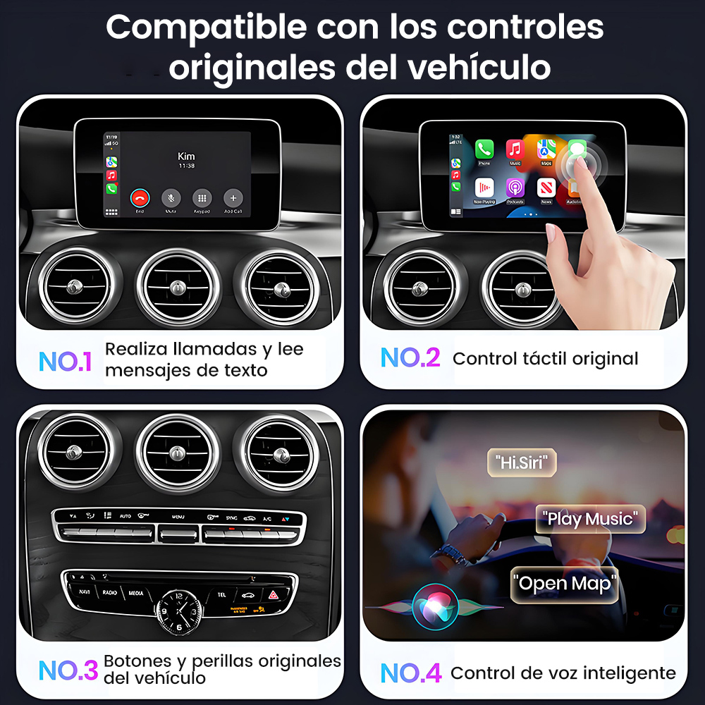 Salpicadero del coche mostrando funciones: llamadas, textos, control táctil, botones y control por voz.