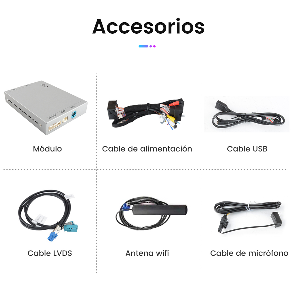 Una colección de componentes de accesorios para automóviles, que incluyen un módulo, un cable de alimentación, un cable USB y más, con etiquetas en español.