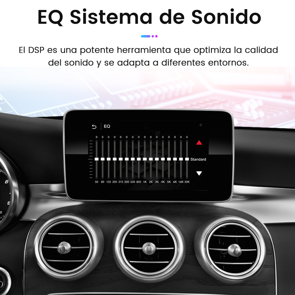 Pantalla del salpicadero del coche mostrando una interfaz de sistema de sonido EQ con ajustes de ecualizador.