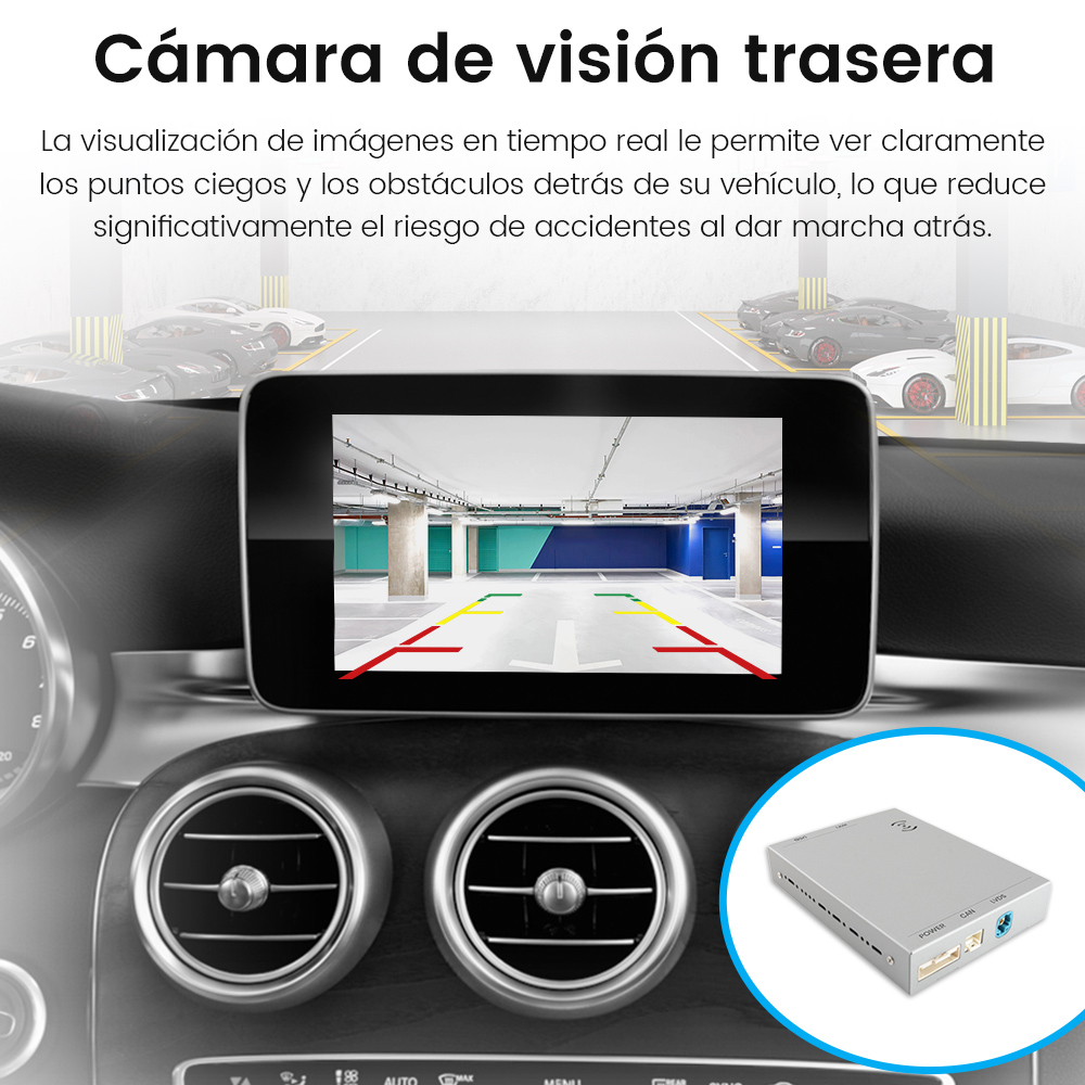 Un salpicadero de coche con una pantalla que muestra una vista de un estacionamiento y un dispositivo accesorio.