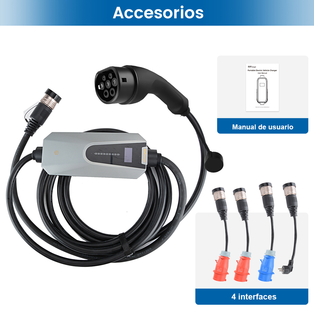 Accesorios para un cargador de vehículos eléctricos. Incluye cargador, interfaces y manual de usuario.