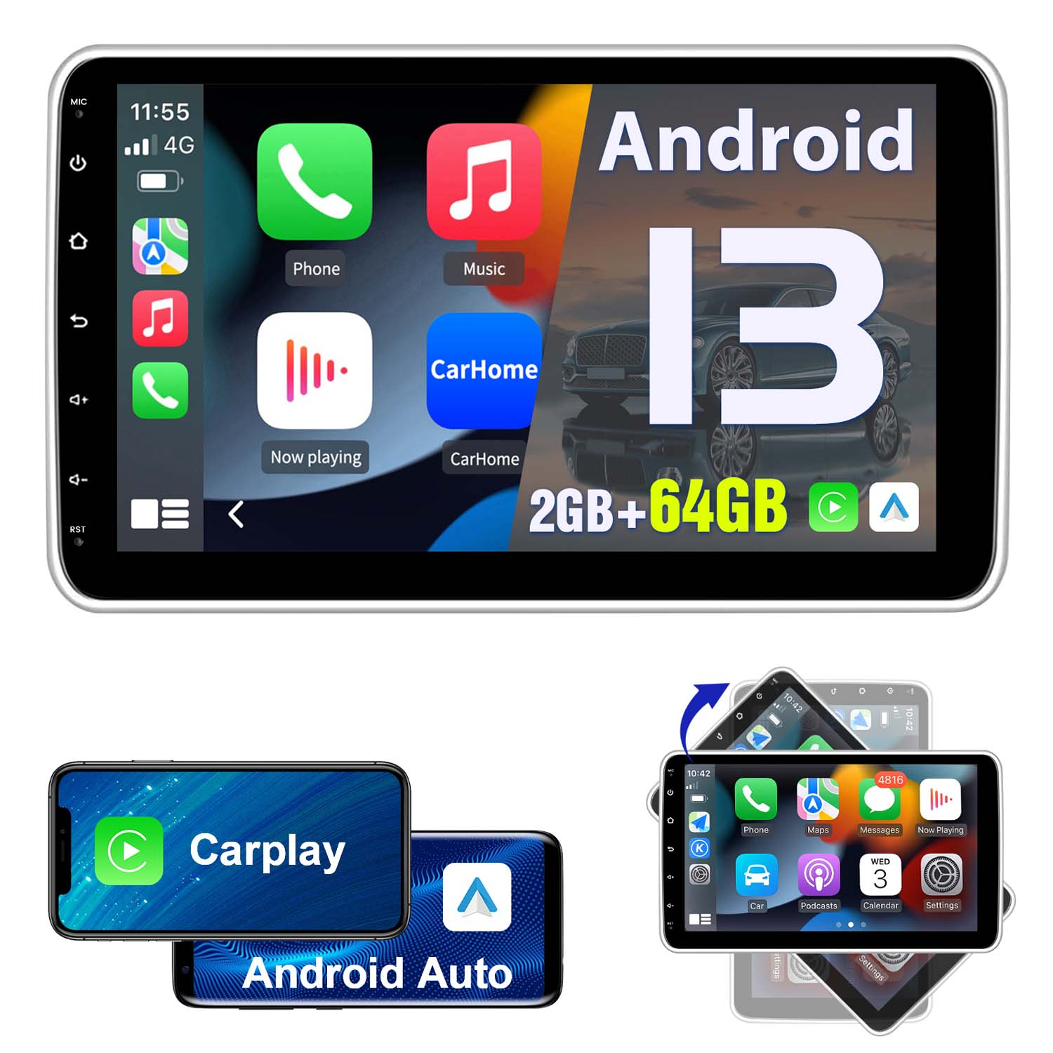 Un sistema multimedia para automóvil con interfaz Android 13, más tres pantallas más pequeñas con diferentes interfaces.