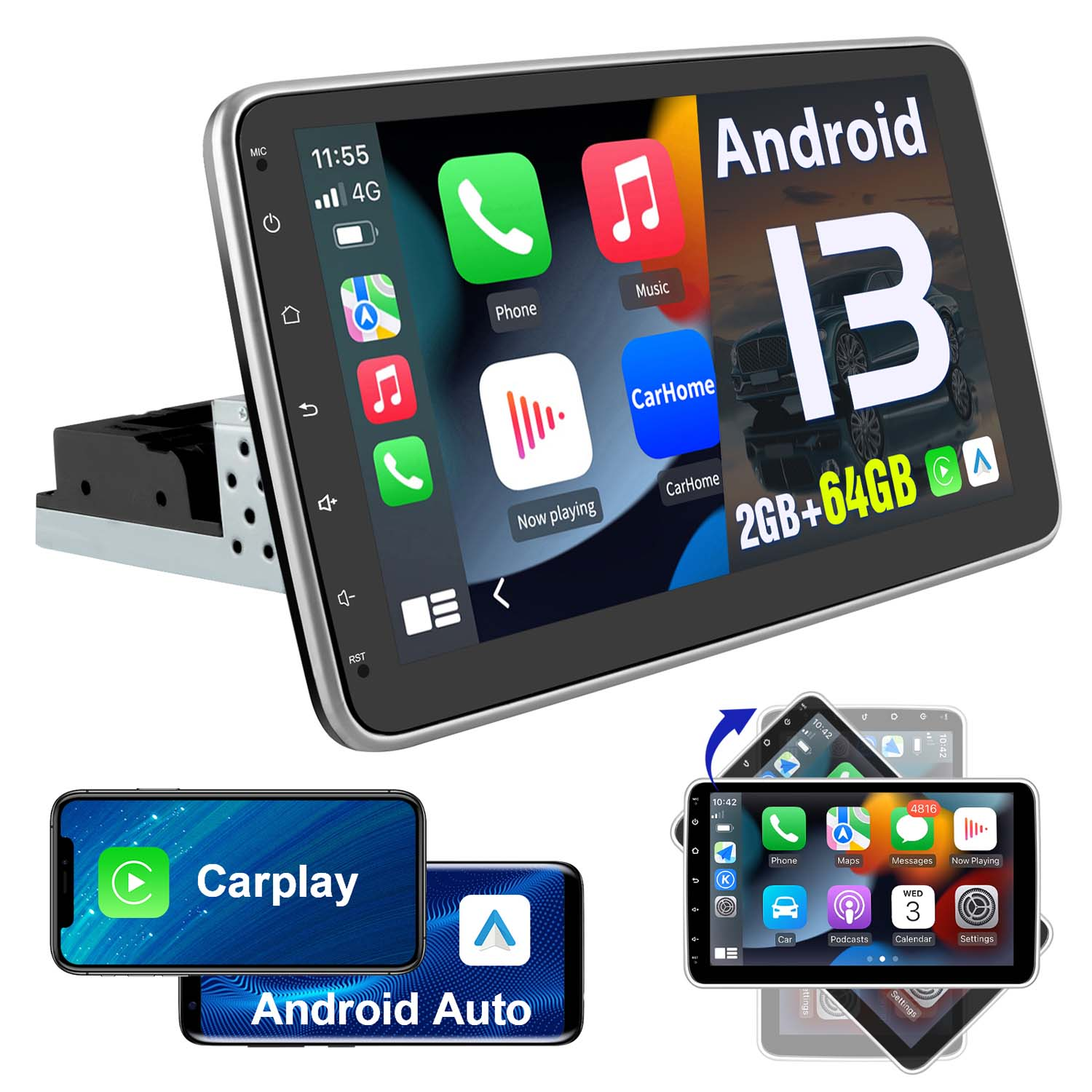 Un sistema multimedia para automóvil con Android 13, mostrando la interfaz con iconos de aplicaciones y tres pantallas más pequeñas.