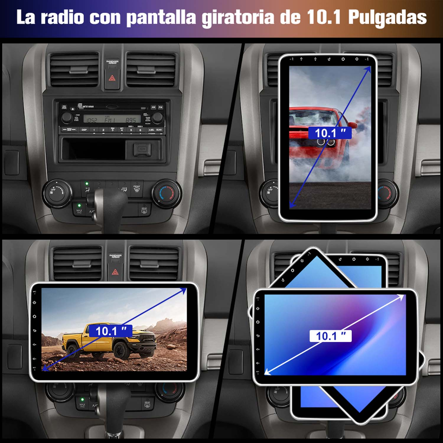 Cuatro imágenes del salpicadero de un coche con la pantalla de la radio mostrando diferentes imágenes.
