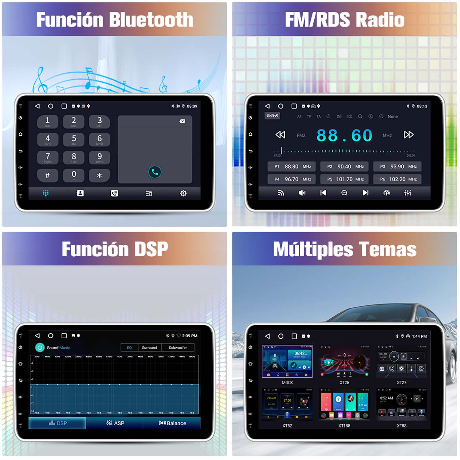 Cuatro imágenes de la interfaz de un sistema multimedia para automóvil, mostrando Bluetooth, radio FM, función DSP y múltiples temas.