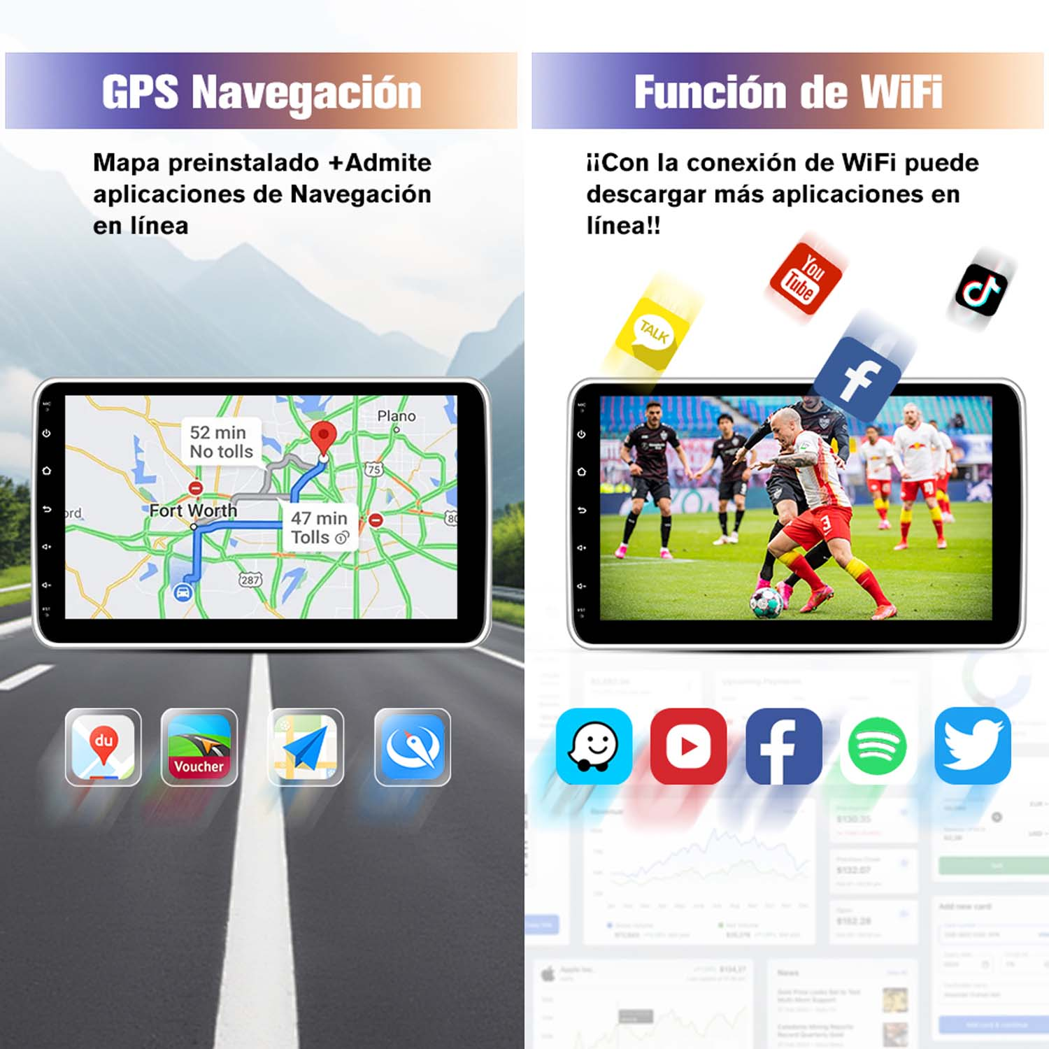Dos pantallas que muestran la navegación GPS y las funciones WiFi de un dispositivo. Los iconos de las aplicaciones están en la parte inferior de la pantalla.