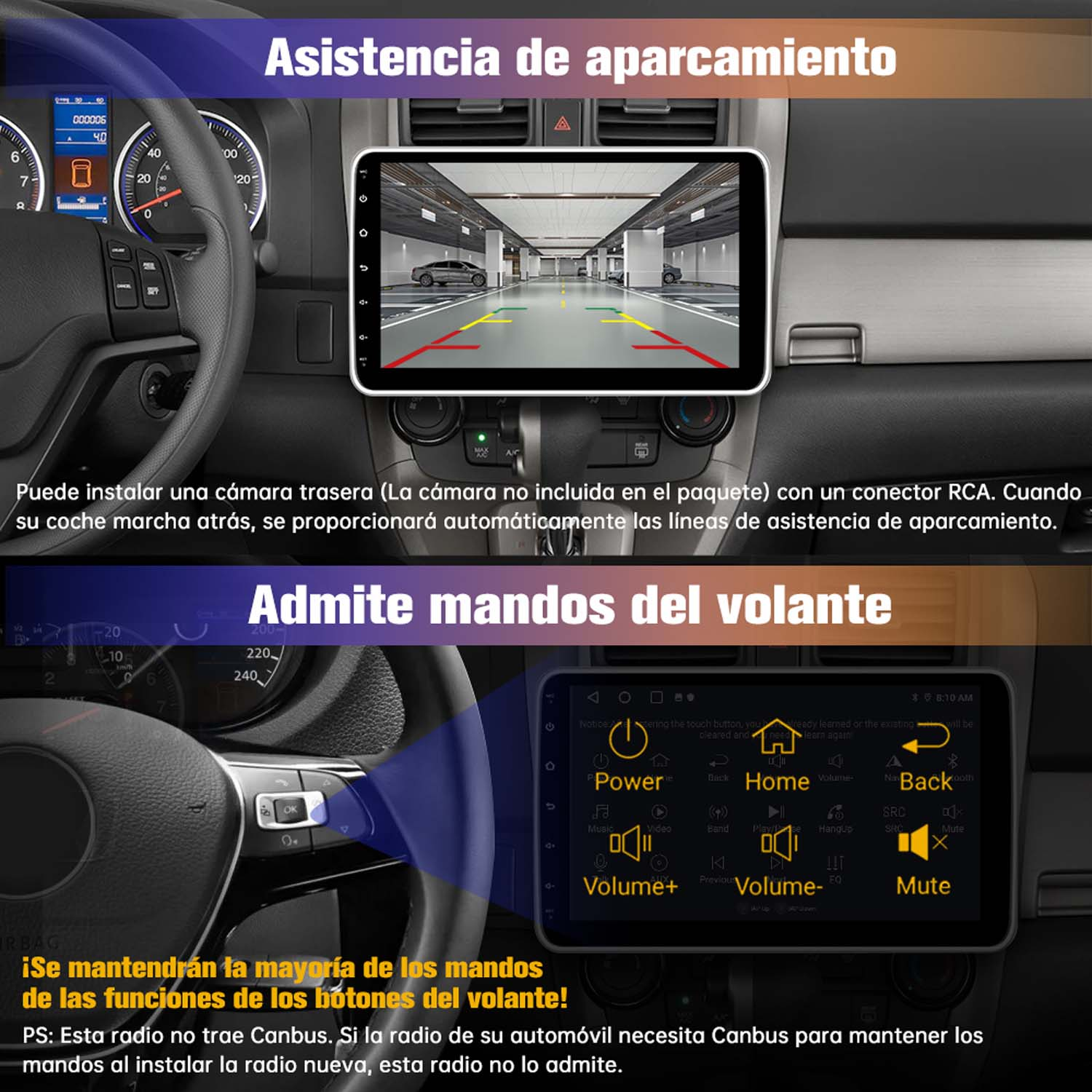 Vista interior de un coche con pantalla multimedia mostrando asistencia de aparcamiento y salpicadero con controles del volante.