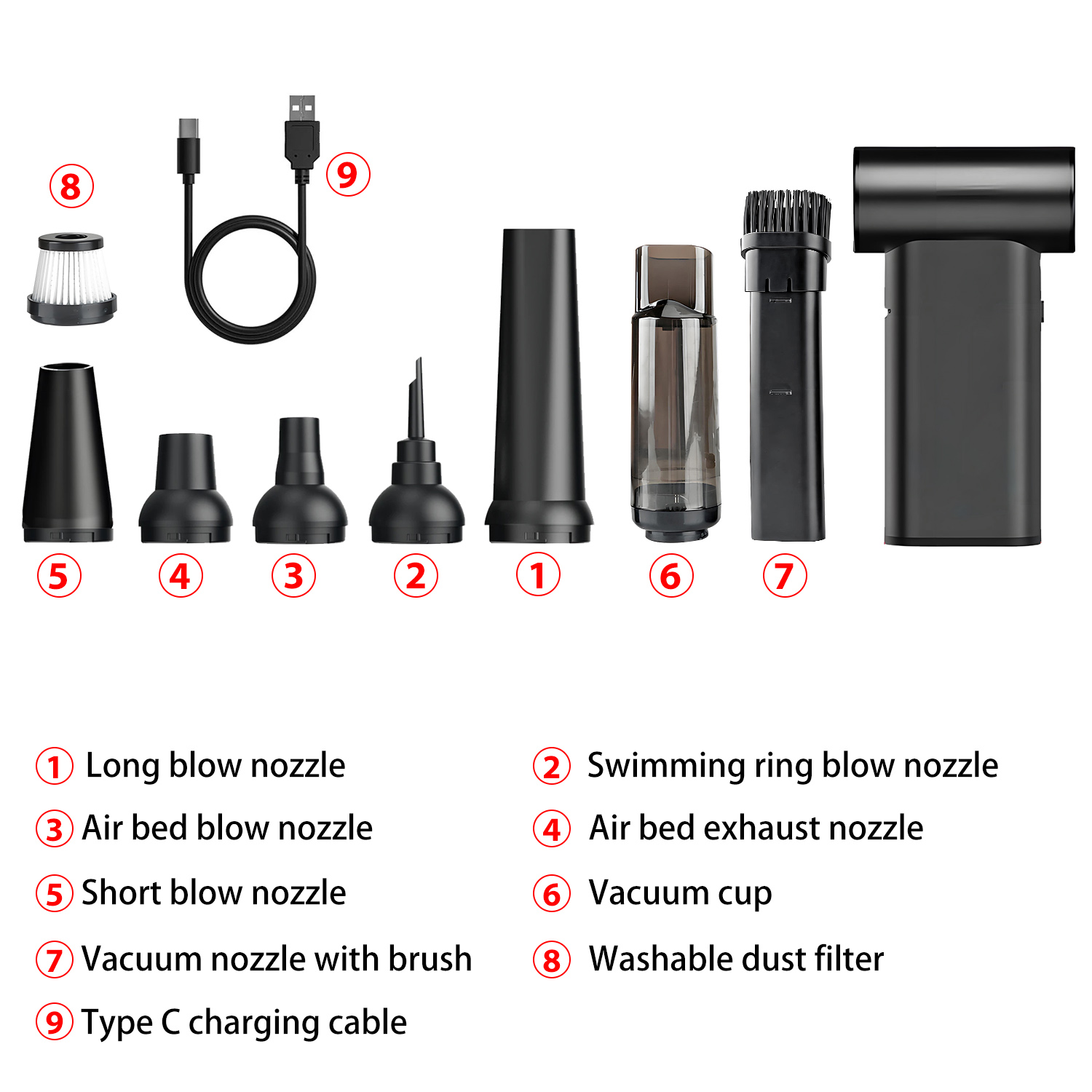 Varios accesorios negros para un soplador de aire, incluyendo boquillas, filtros y un cable de carga USB, dispuestos sobre una superficie blanca.
