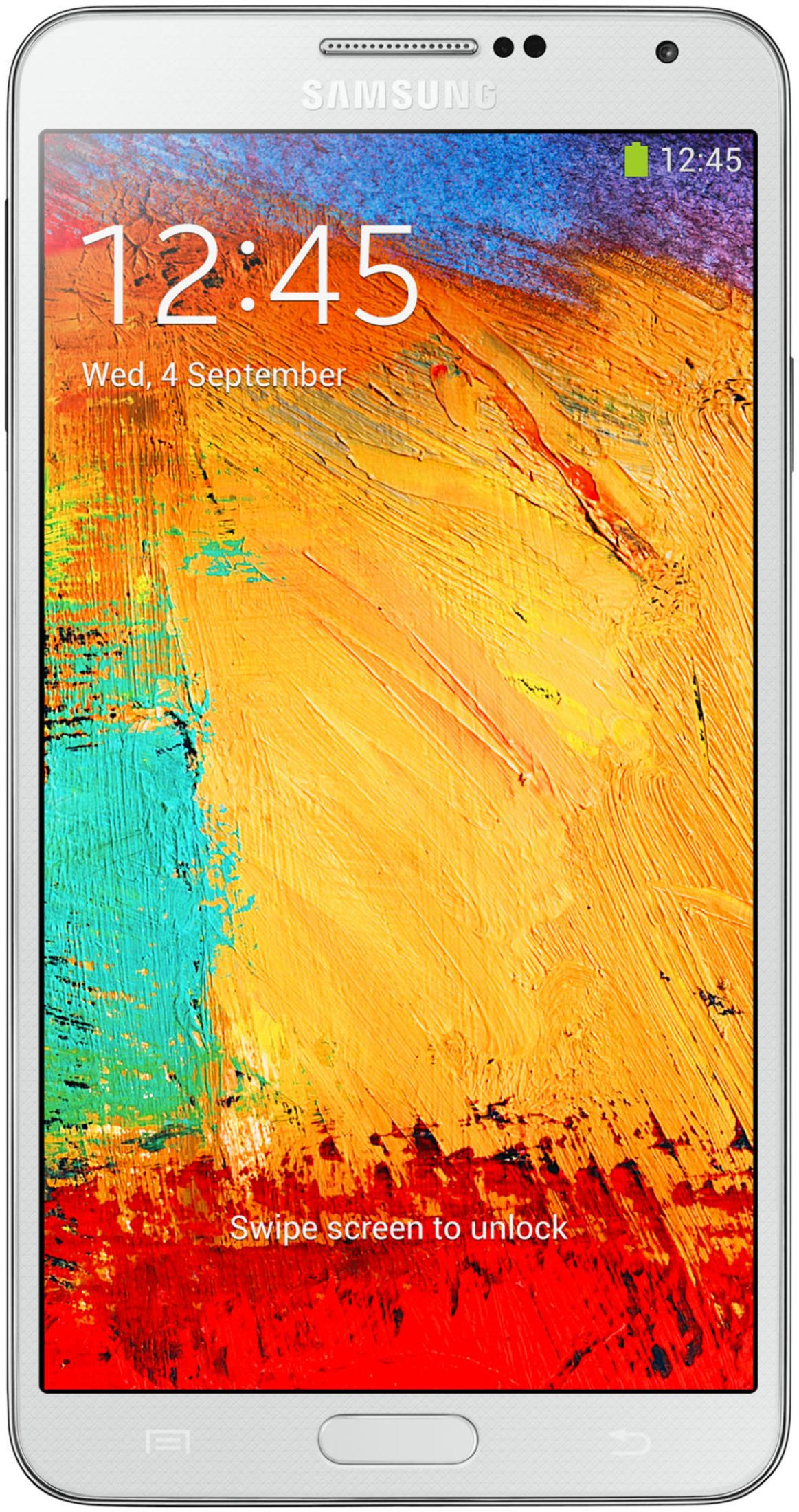 Ein weißes Samsung-Smartphone, das ein farbenfrohes, abstraktes Gemälde auf seinem Bildschirm anzeigt. Zeit und Datum werden oben angezeigt.