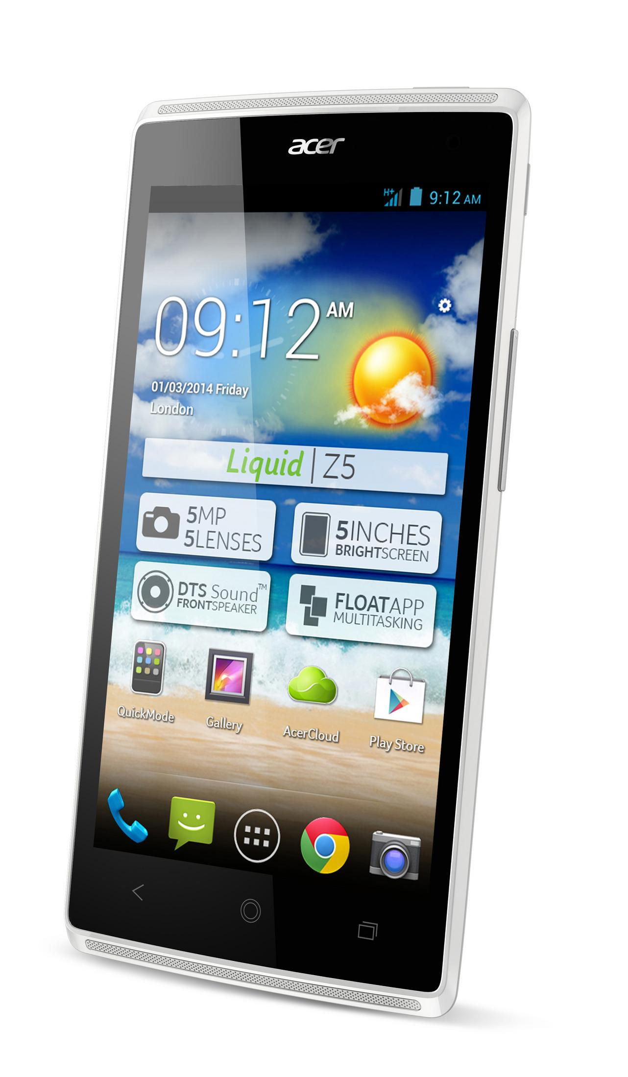 Ein Acer Liquid Z5 Smartphone. Auf dem Bildschirm sind Symbole und Uhrzeit zu sehen. Der Hintergrund ist weiß.