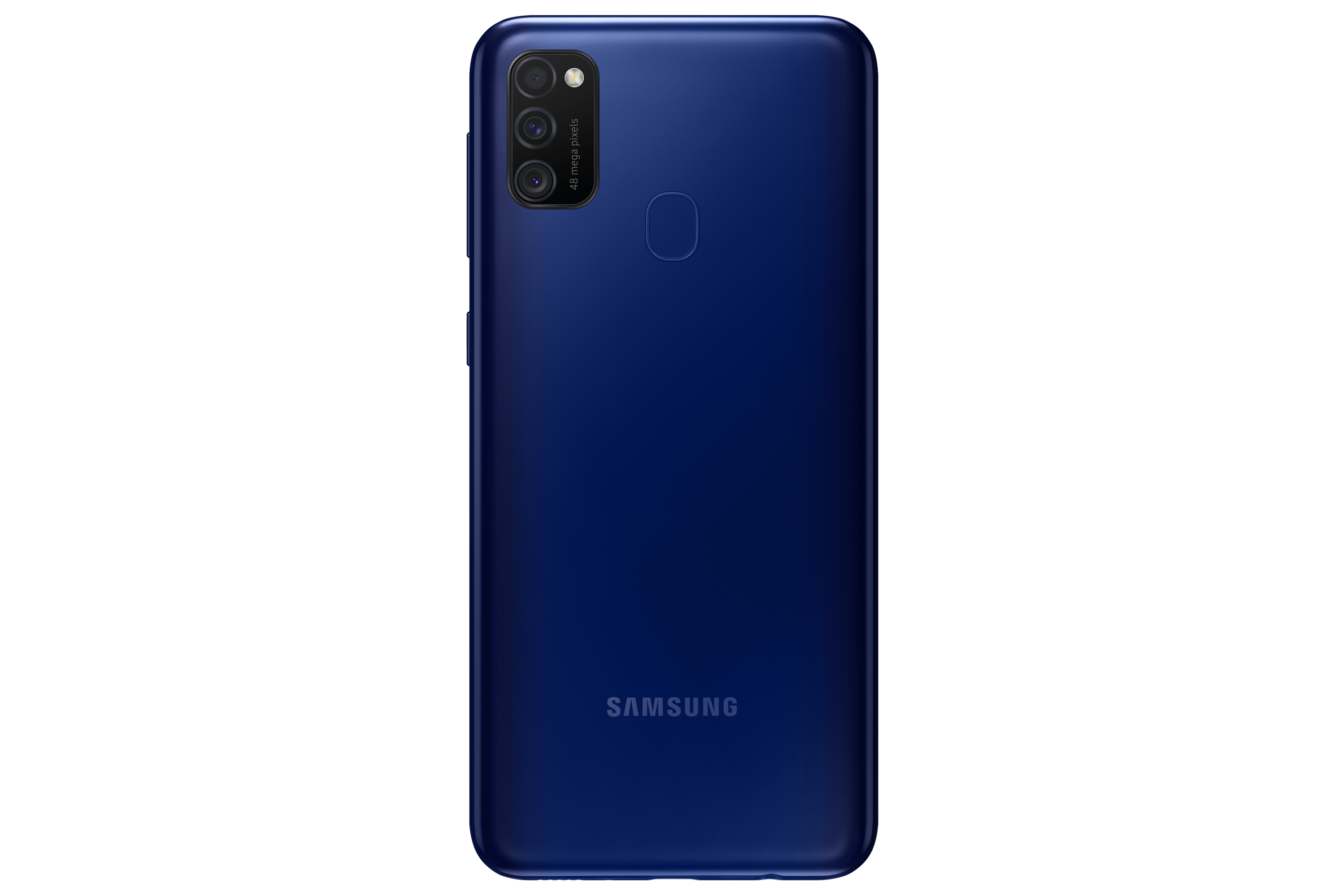 Die Rückseite eines marineblauen Telefons wird gezeigt. Es hat drei Kameras, ein Samsung-Logo und einen Fingerabdrucksensor.