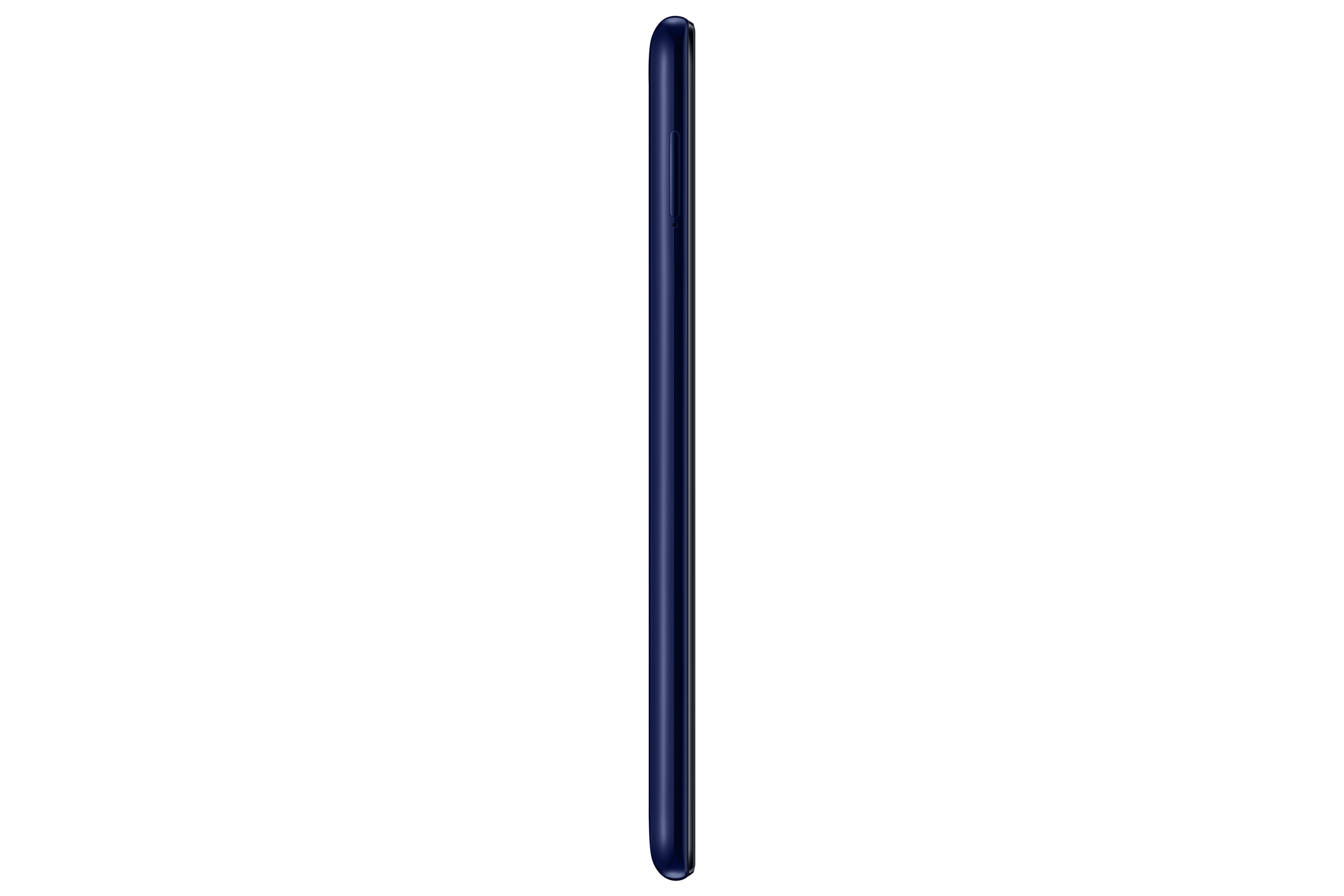Das Seitenprofil eines marineblauen Telefons, das ein schlankes Design und einen sauberen, weißen Hintergrund zeigt.