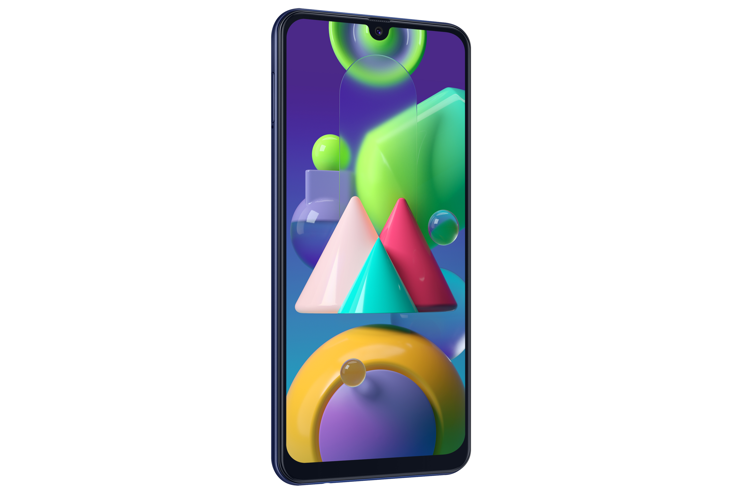 Ein marineblaues Telefon wird auf weißem Hintergrund gezeigt und zeigt einen Bildschirm mit bunten abstrakten Formen und einer Kamera.