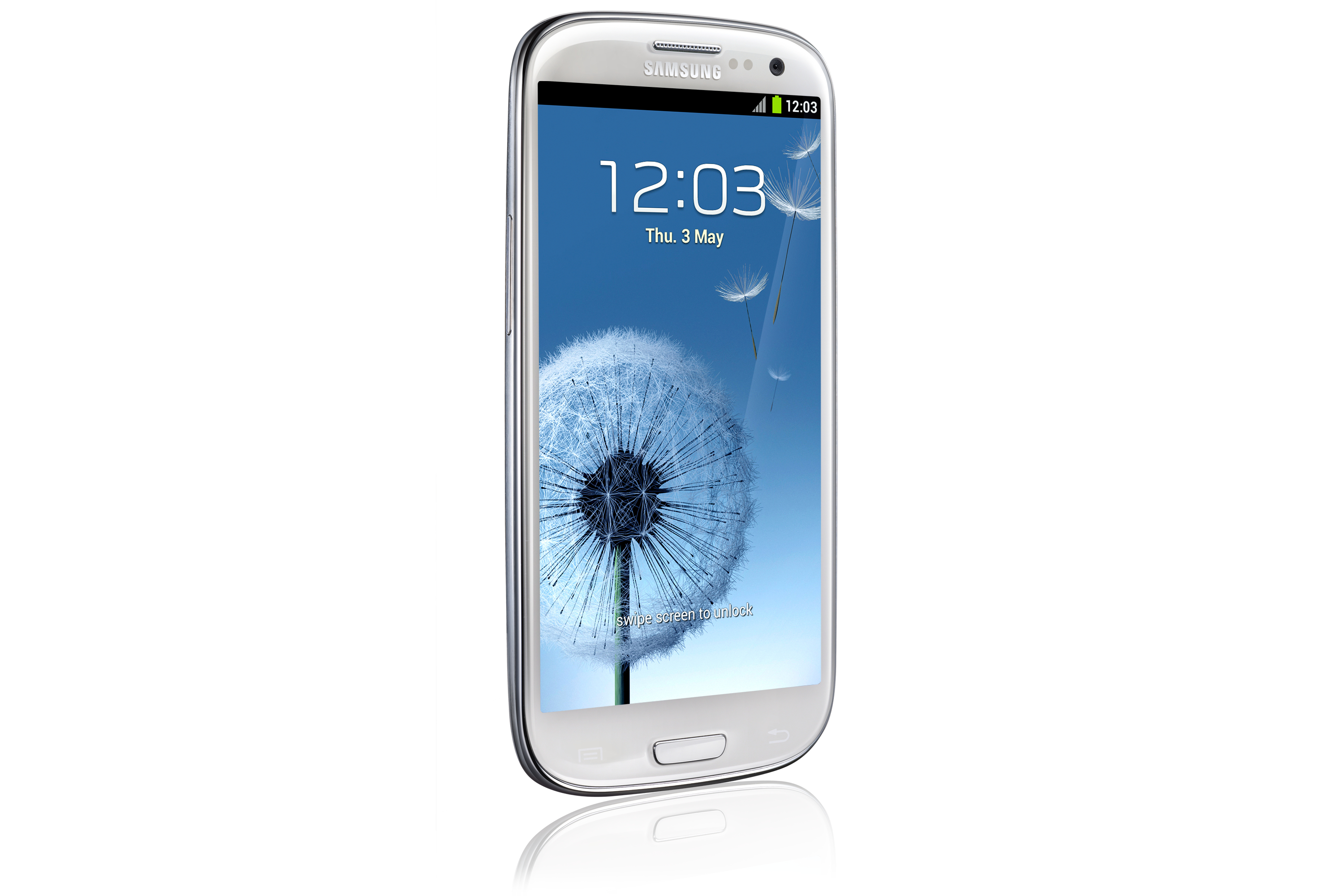 Weißes Samsung-Smartphone mit Bildschirm, der eine Pusteblume und die Uhrzeit 12:03 zeigt.