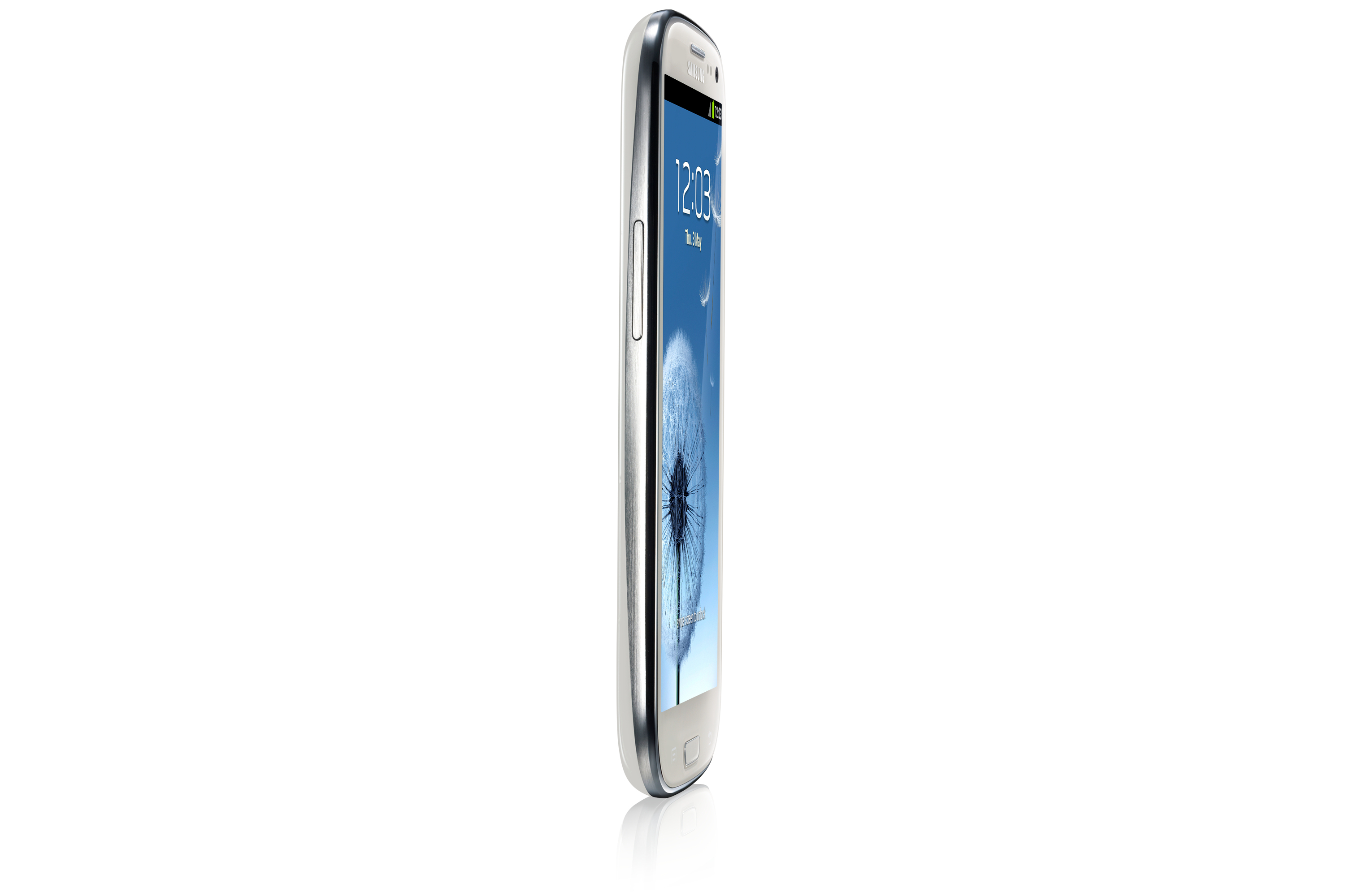 Das Seitenprofil eines weißen Samsung-Smartphones. Der Bildschirm zeigt ein Löwenzahnbild mit blauem Himmel im Hintergrund.