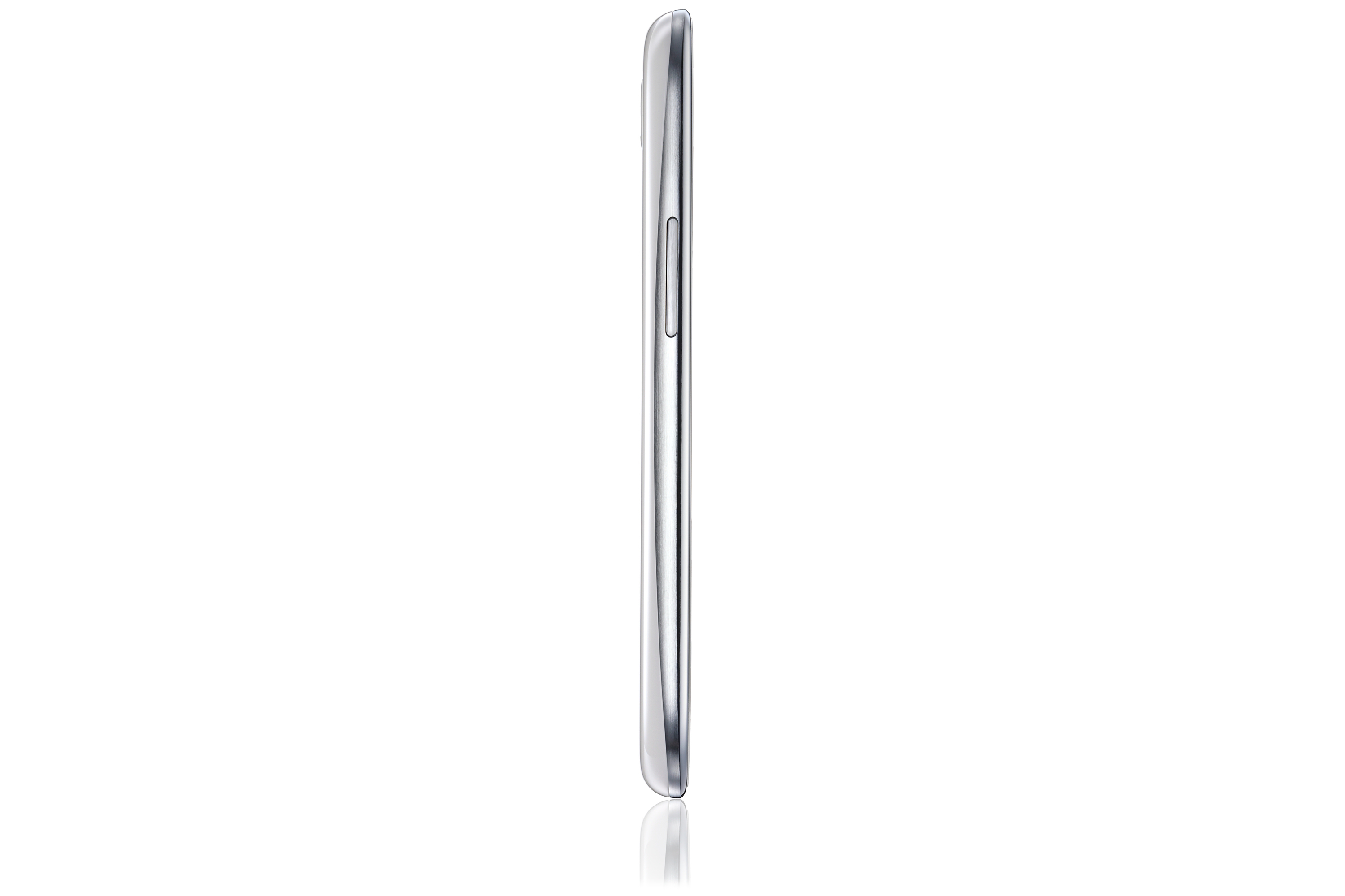 Seitenansicht eines silbernen Smartphones. Das Telefon hat eine saubere, reflektierende Oberfläche.