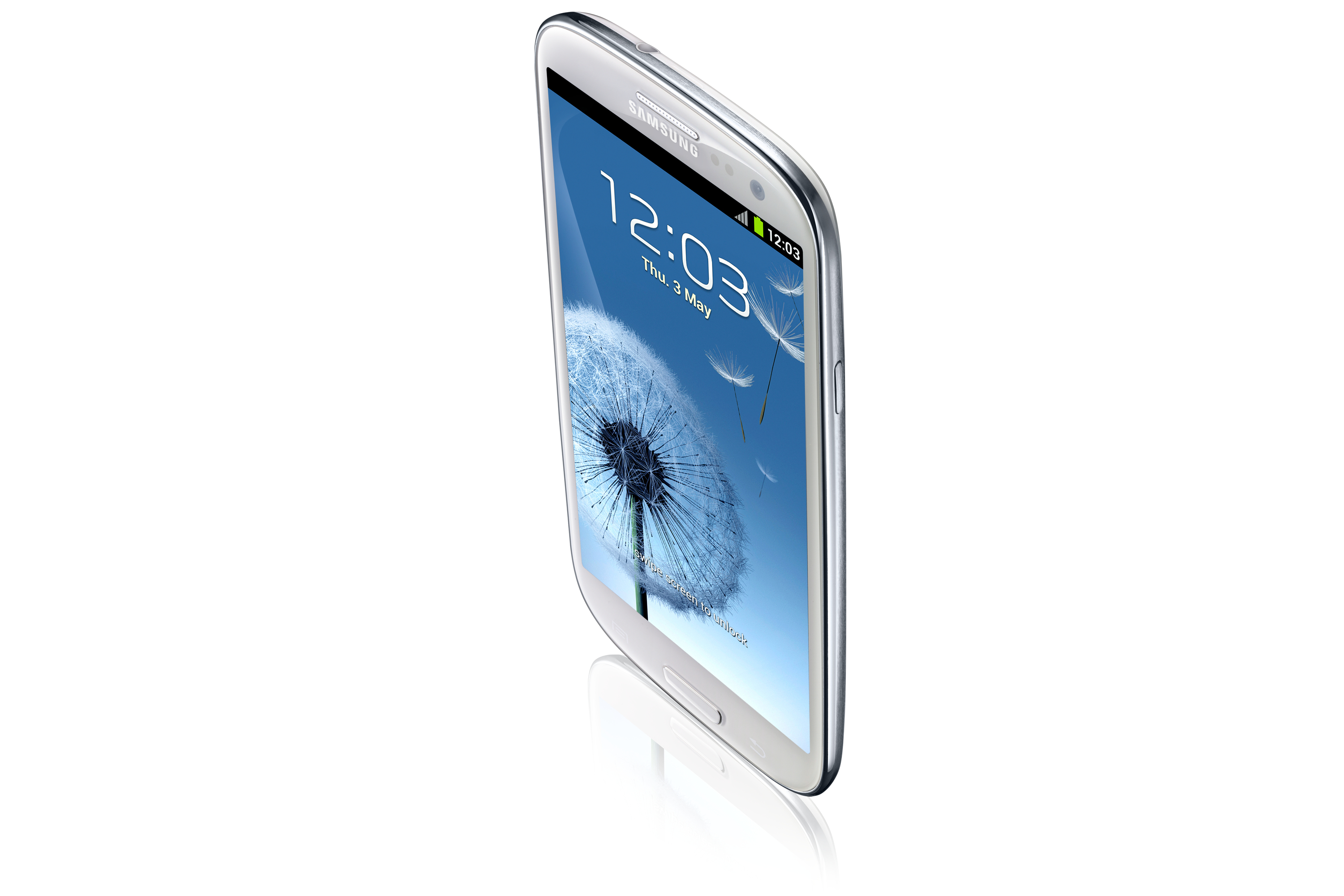 Weißes Samsung-Handy mit blauem Bildschirm, der eine Pusteblume und 12:03 zeigt.