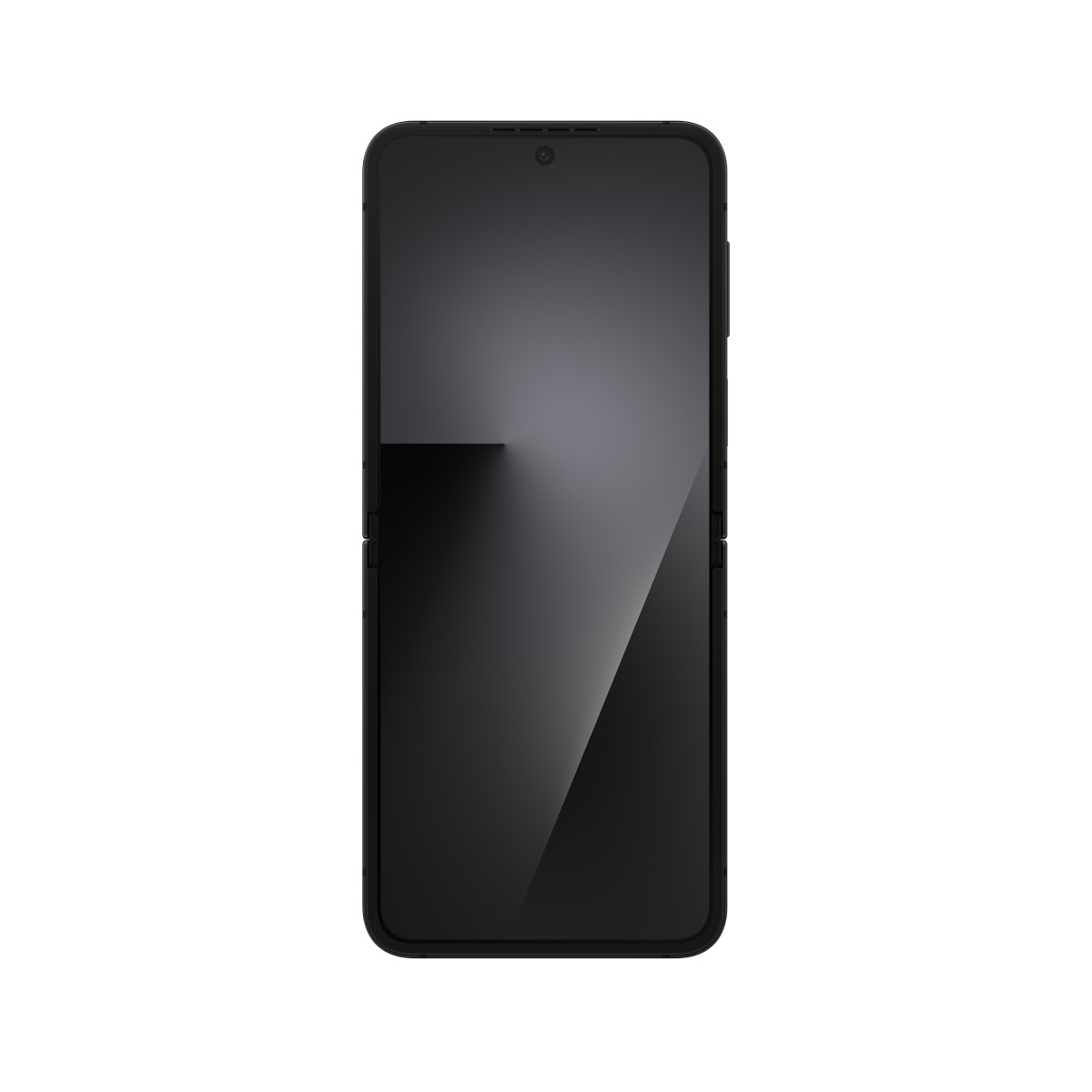 Czarny telefon składany, zamknięty, z czarnym ekranem. Telefon stoi pionowo.