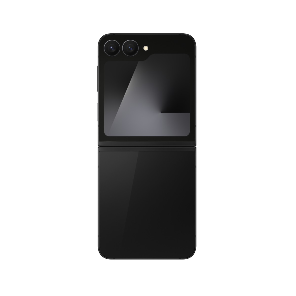 Czarny telefon składany, otwarty, pokazujący czarny ekran z dwoma kamerami u góry.