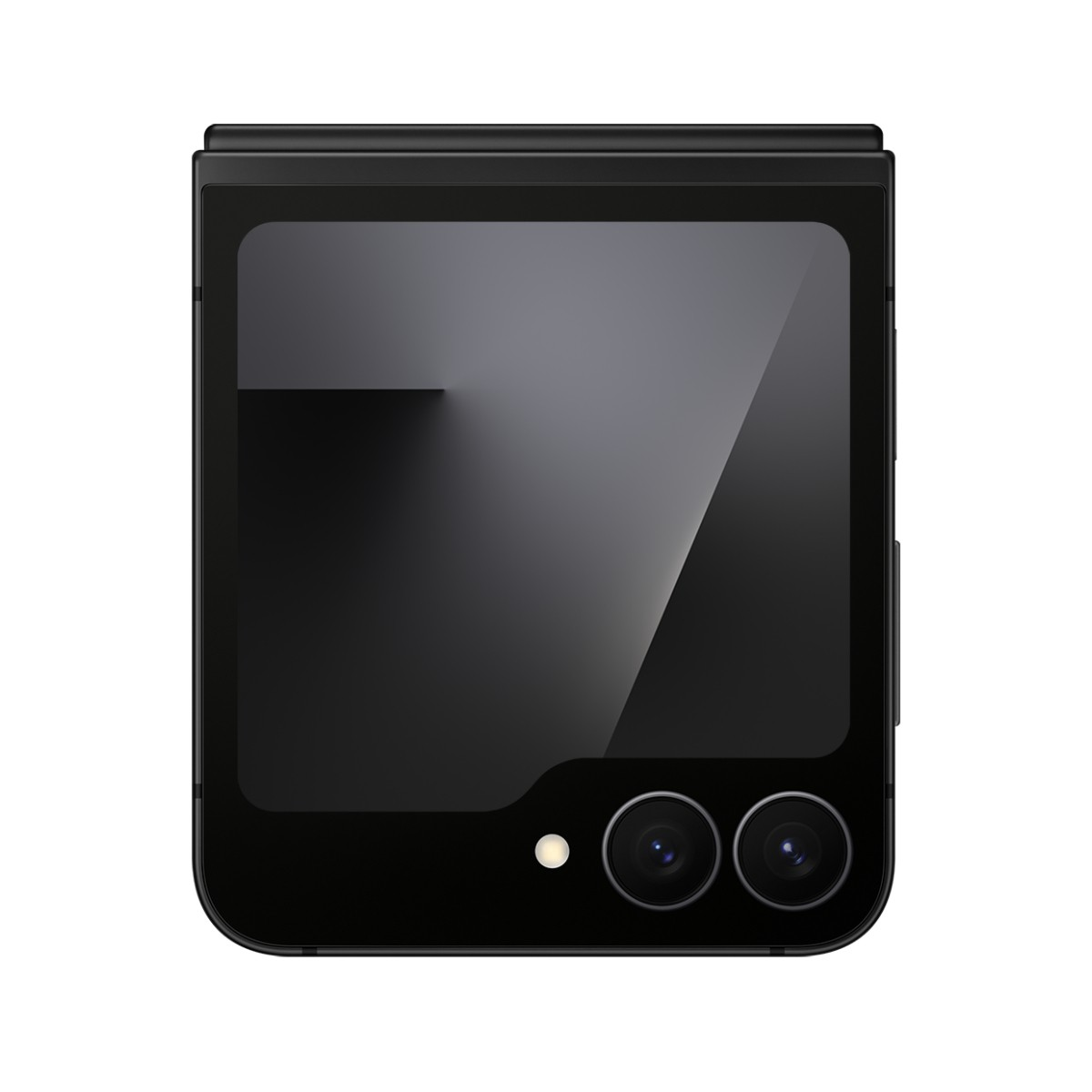 Czarny telefon składany, zamknięty, z aparatem i dwoma obiektywami.