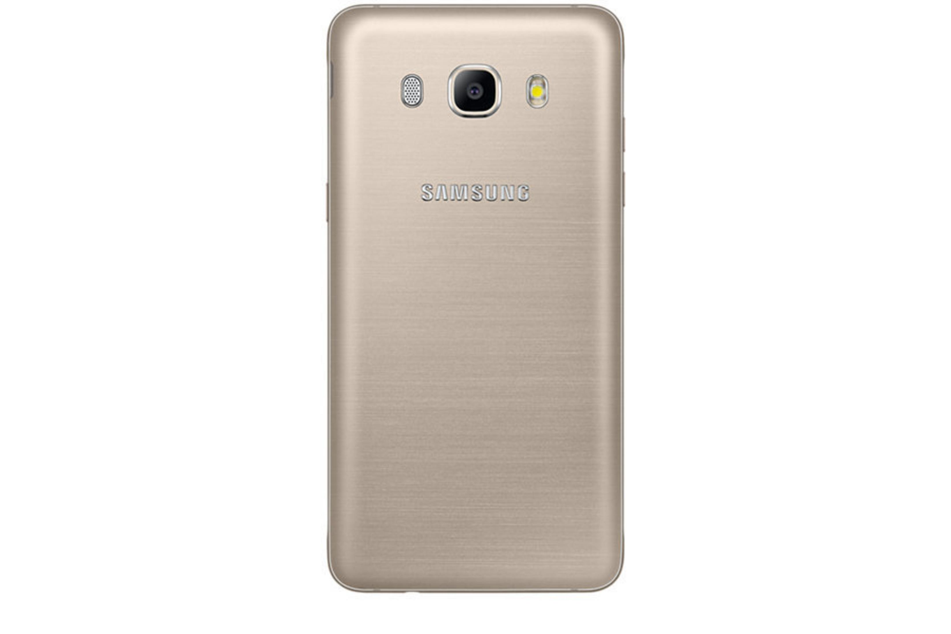 Goldene Telefonrückseite, Samsung-Logo, Kamera und Blitz.