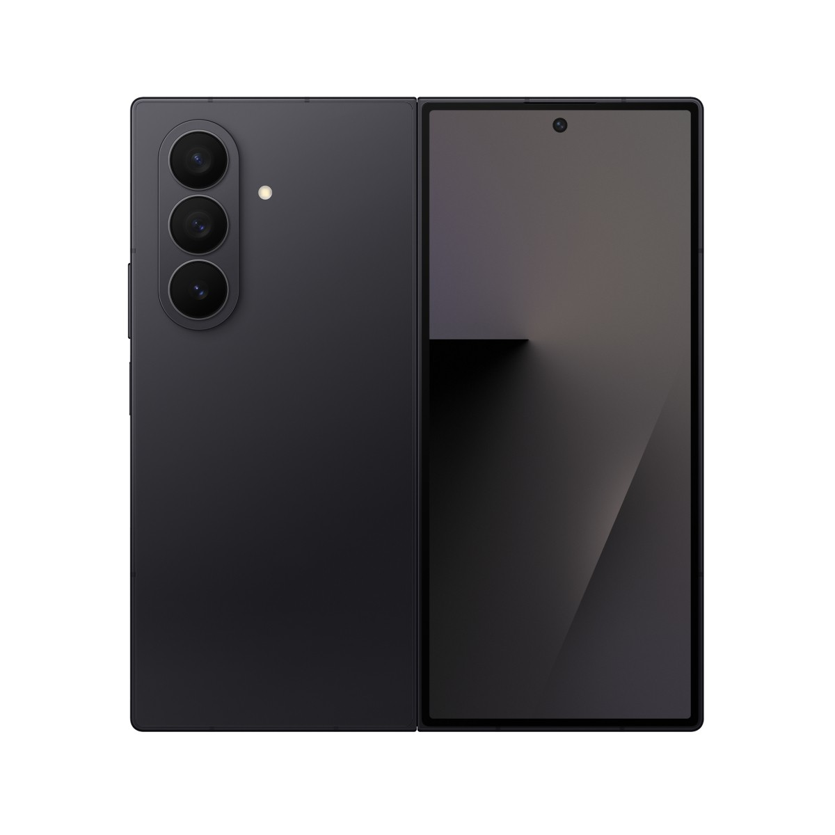 Czarny składany smartfon, otwarty, z ciemnym ekranem po prawej i tyłem z aparatami po lewej.