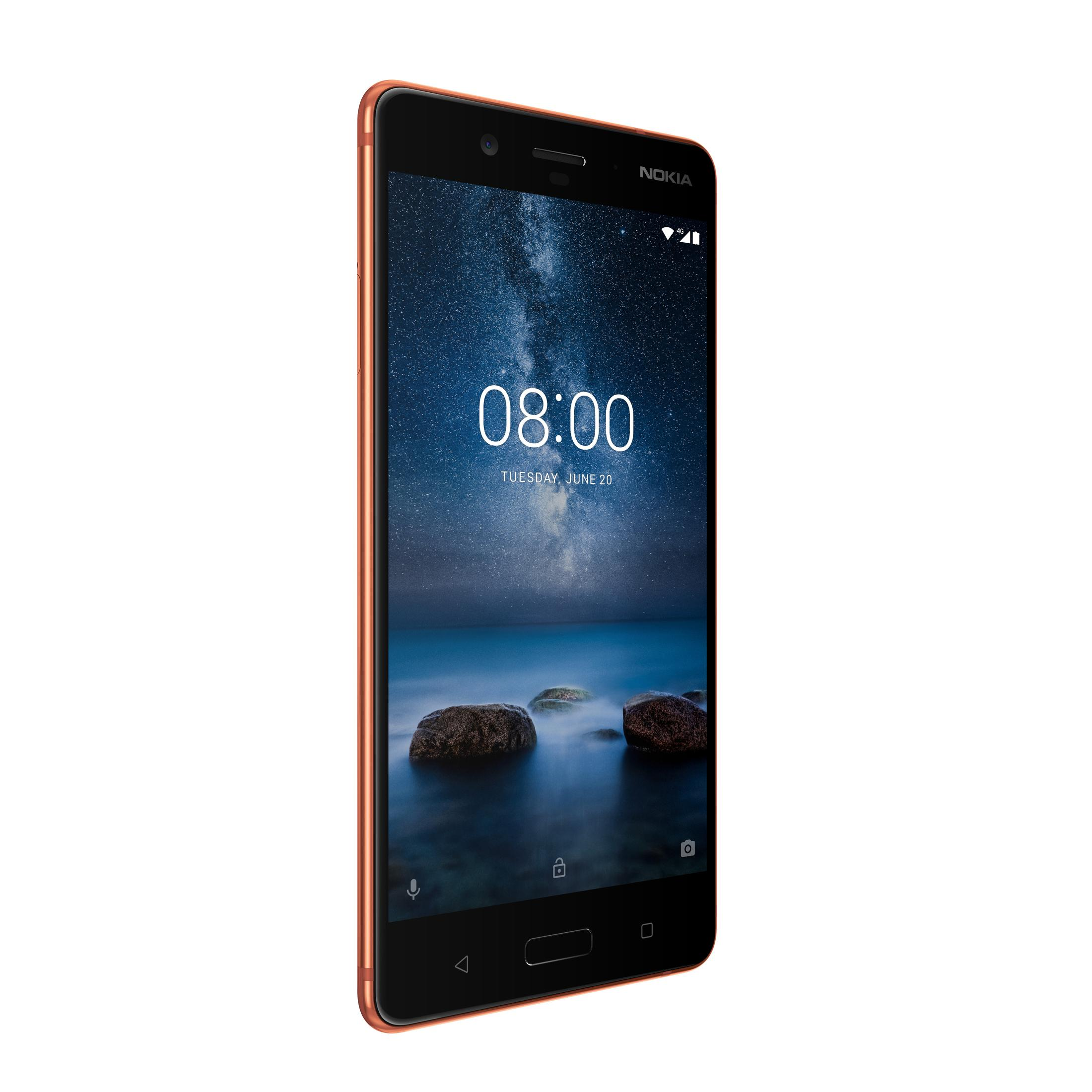 Schwarz-oranges Smartphone, das Zeit und Datum mit Sternenhintergrund anzeigt.