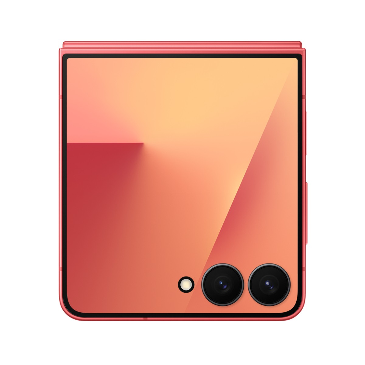Składany różowy smartfon, zamknięty, z dwoma aparatami. Różowa obudowa, gradientowy ekran.