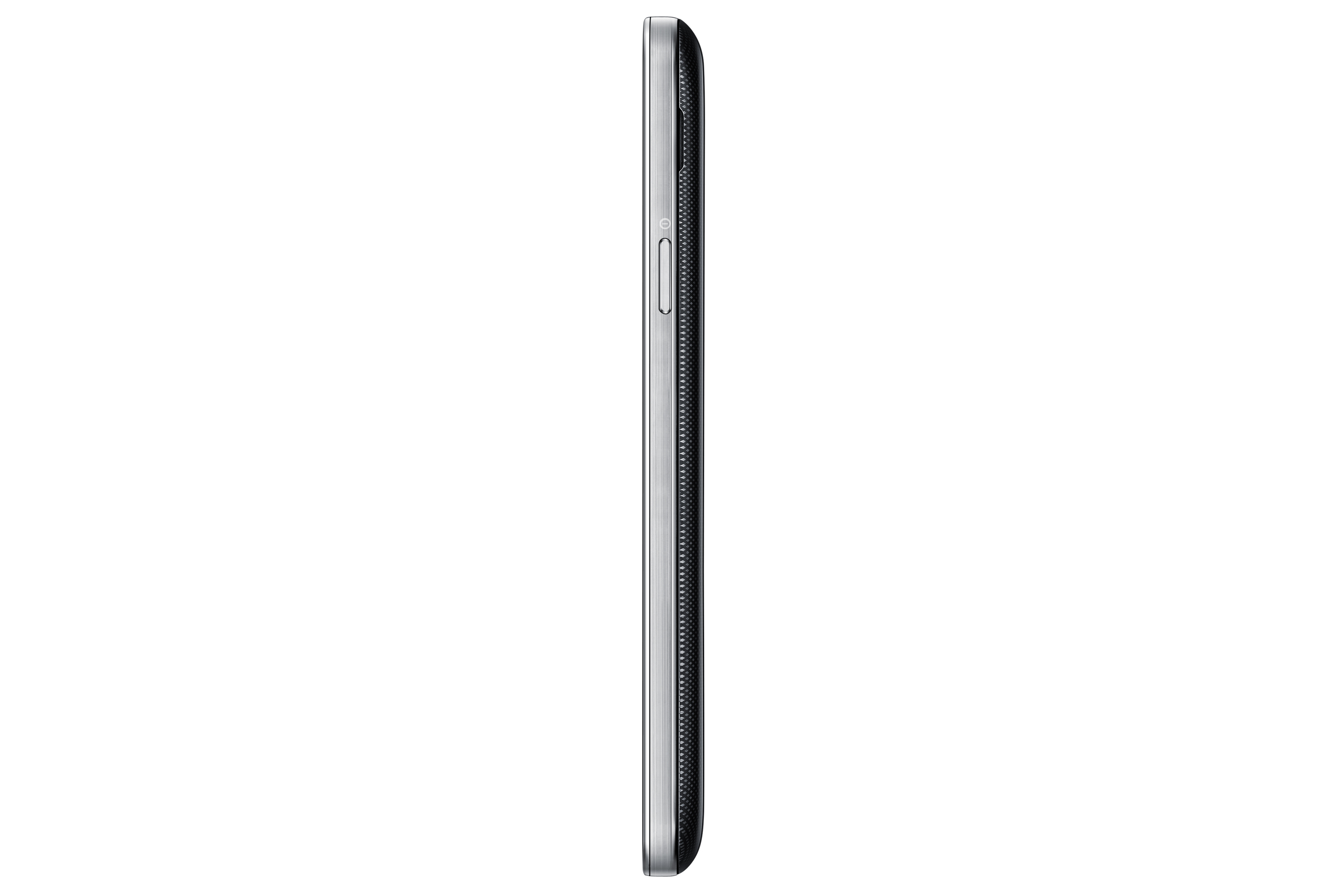 Silbernes Smartphone, Seitenansicht, auf weißem Hintergrund. Ein- / Aus-Taste sichtbar.