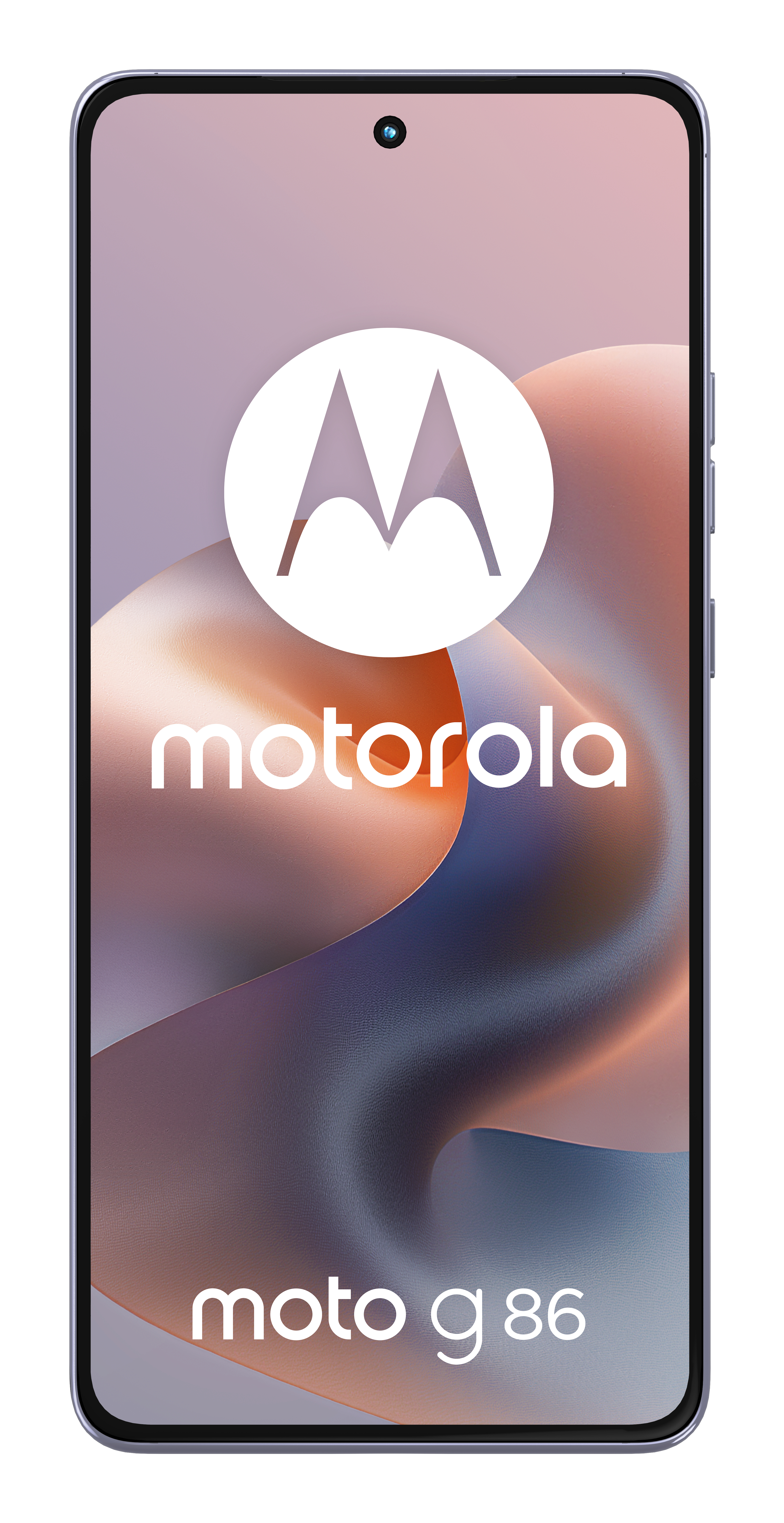 Telefon Motorola z logo Motorola i tekstem 'moto g 86' na ekranie. Jasnofioletowe tło.