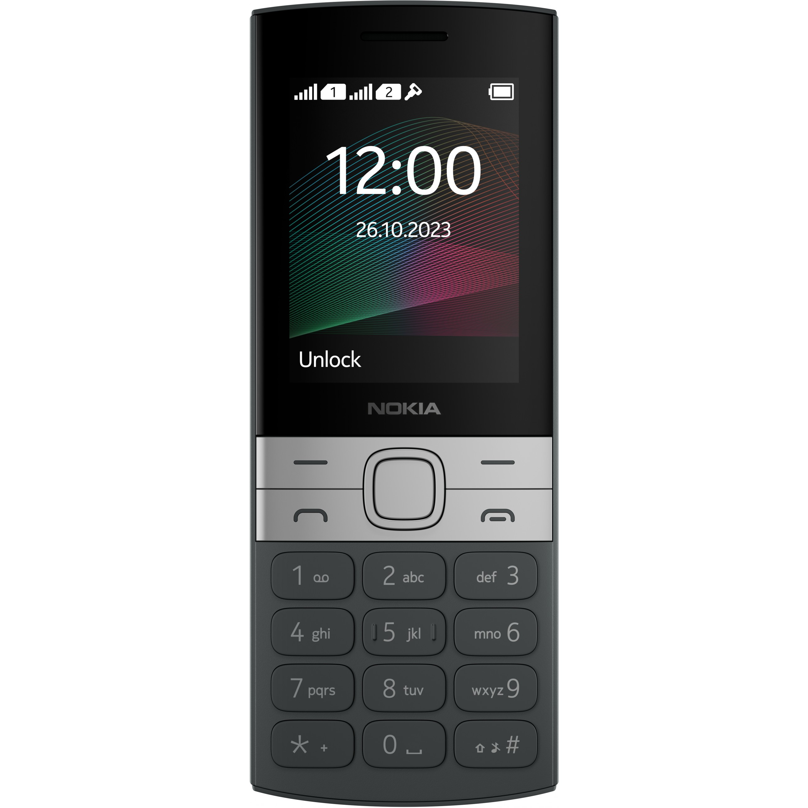 Uno smartphone con un cielo blu e un bambino con palloncini sullo schermo. Il telefono è blu.