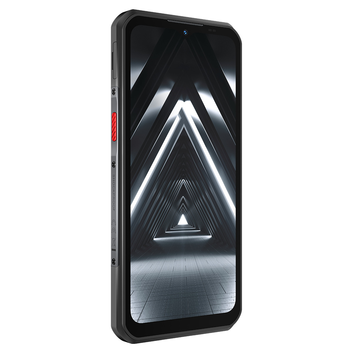Czarno-szary smartfon z ekranem wyświetlającym futurystyczny tunel. Widoczny czerwony przycisk.