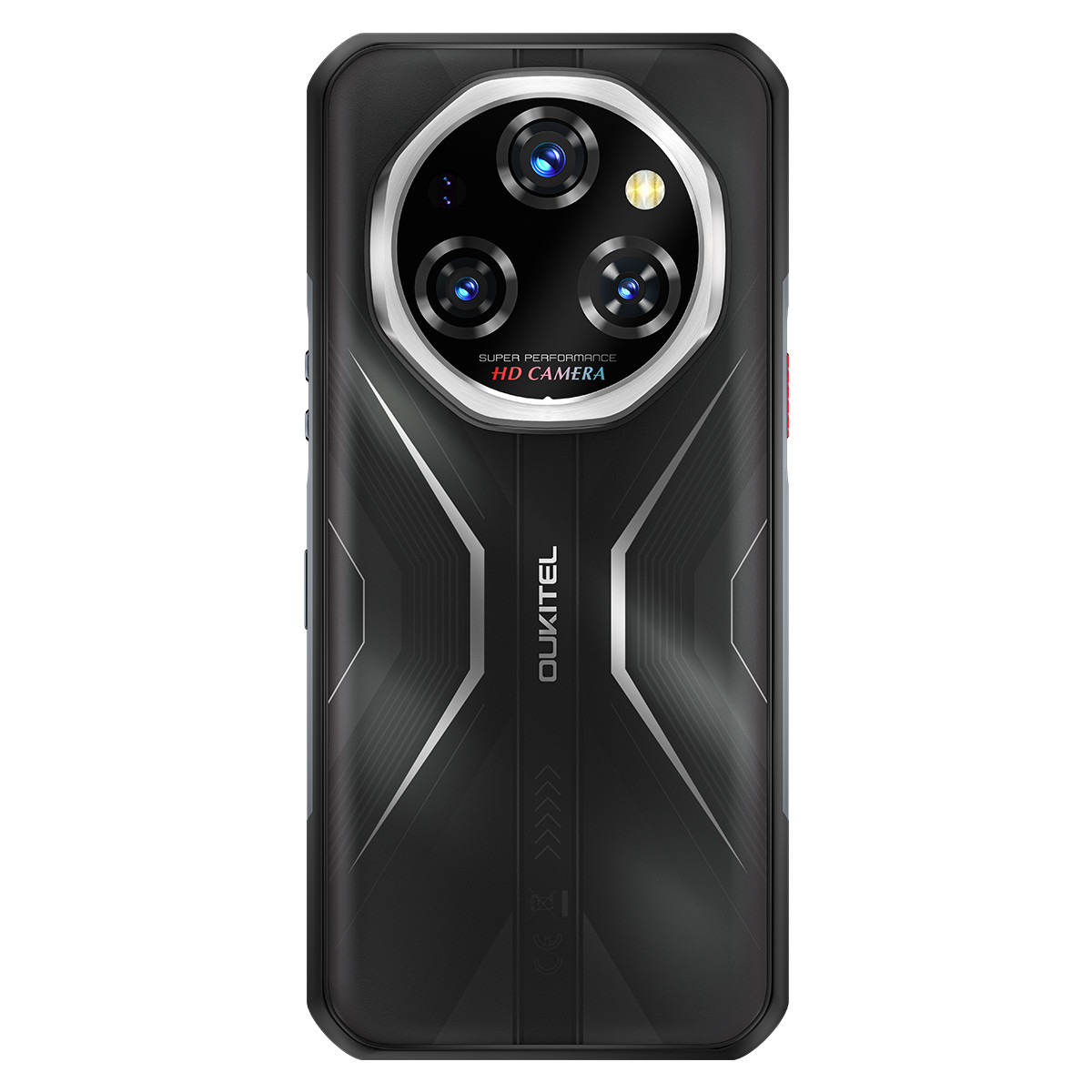 Czarny tył smartfona z kamerami, srebrnymi akcentami i napisem OUKITEL. Kamera Super HD.