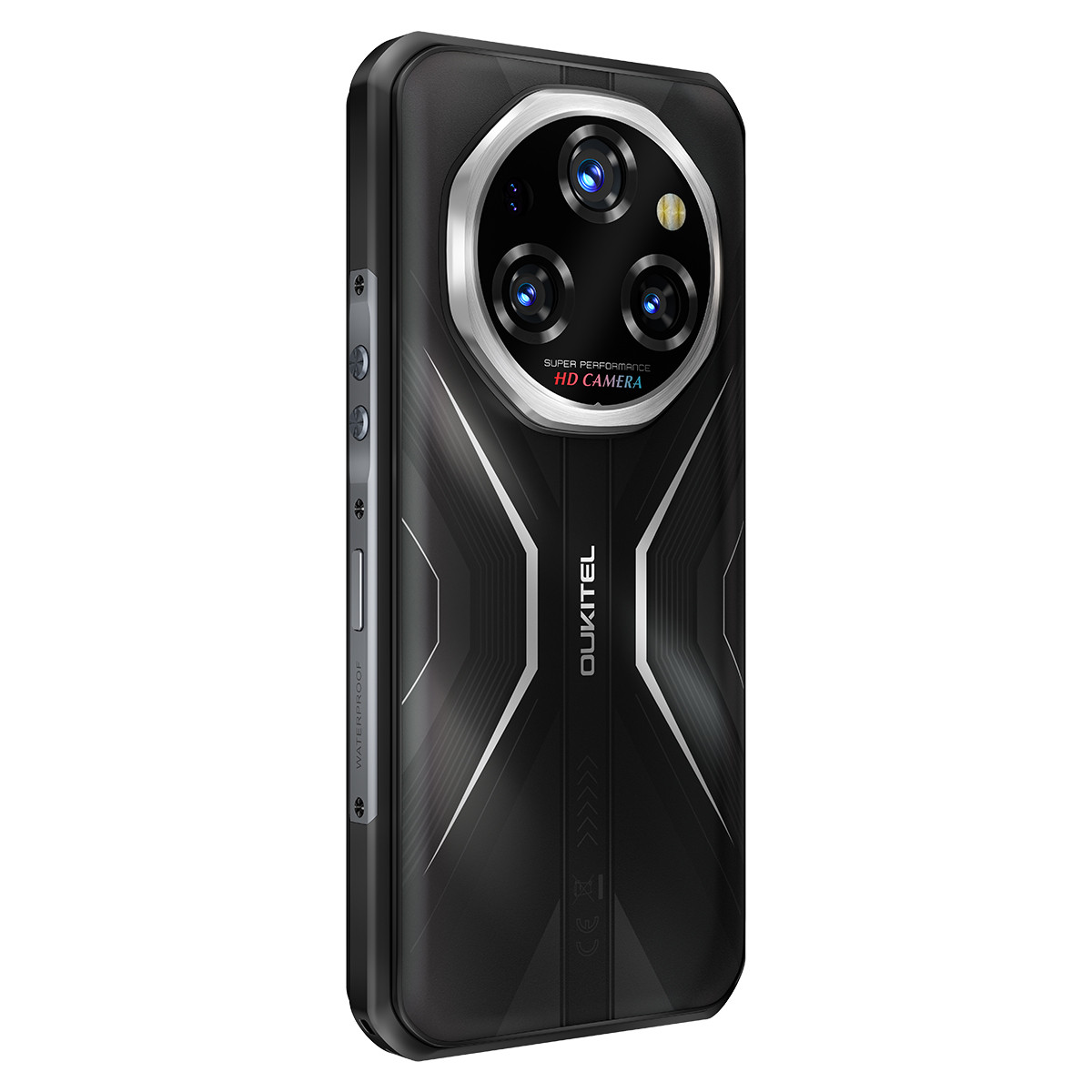 Tył czarnego smartfona z dużym modułem aparatu. Widoczne logo Oukitel.