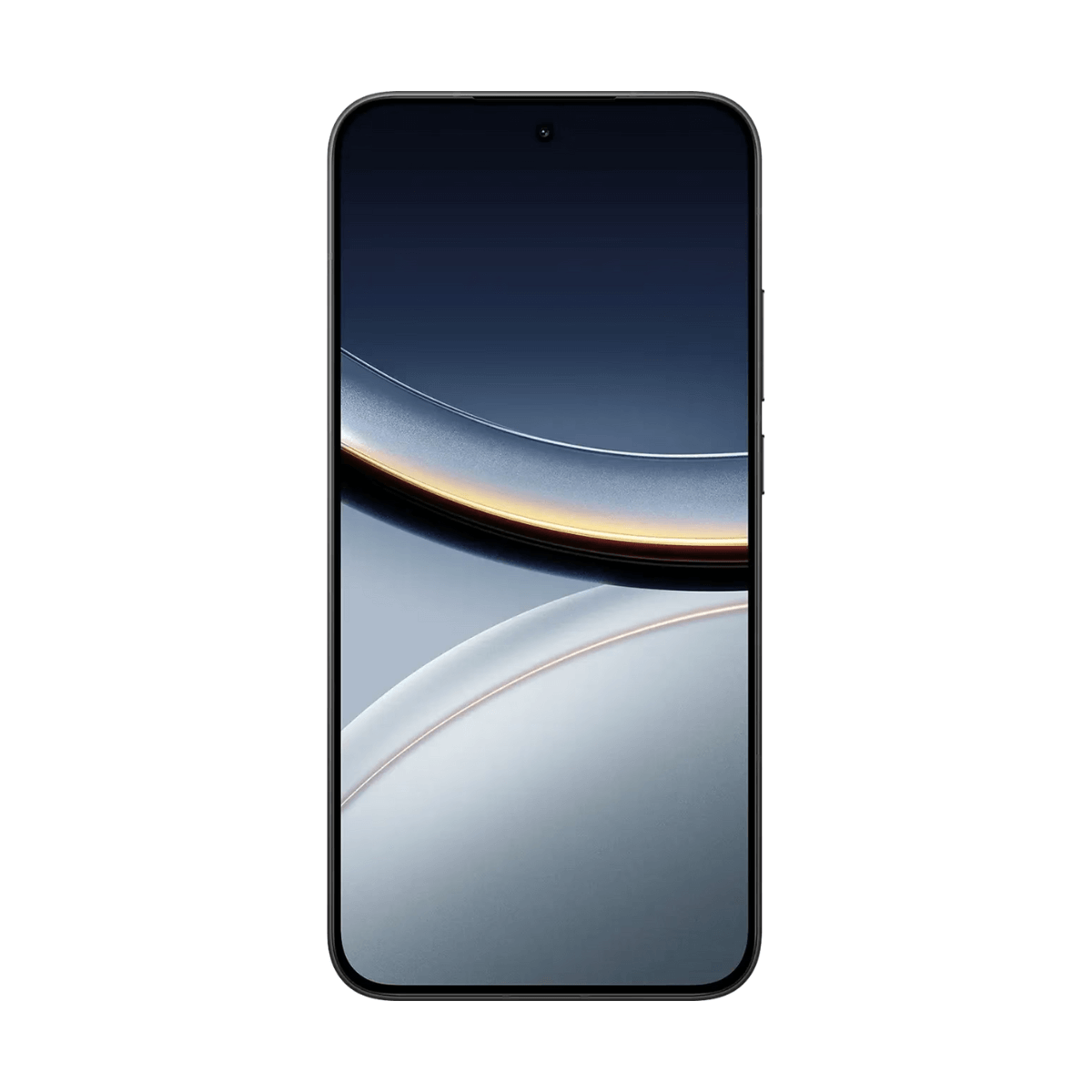 Czarny smartfon z ekranem wyświetlającym biało-niebieski gradient. Telefon jest ustawiony pionowo.