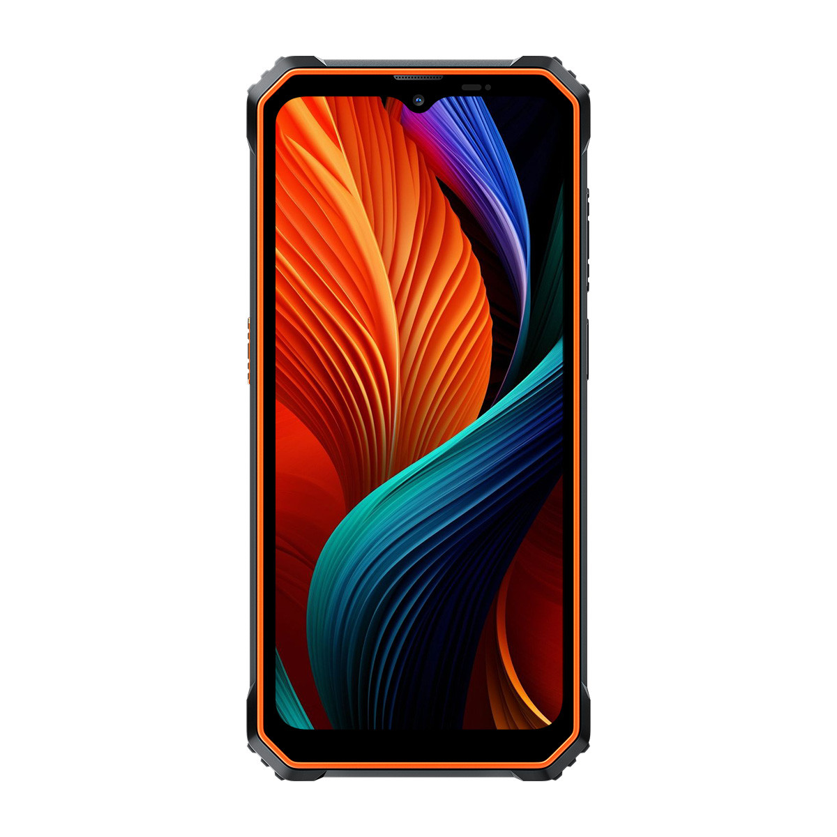 Un telefono robusto nero e arancione con uno schermo che mostra un design astratto e colorato.