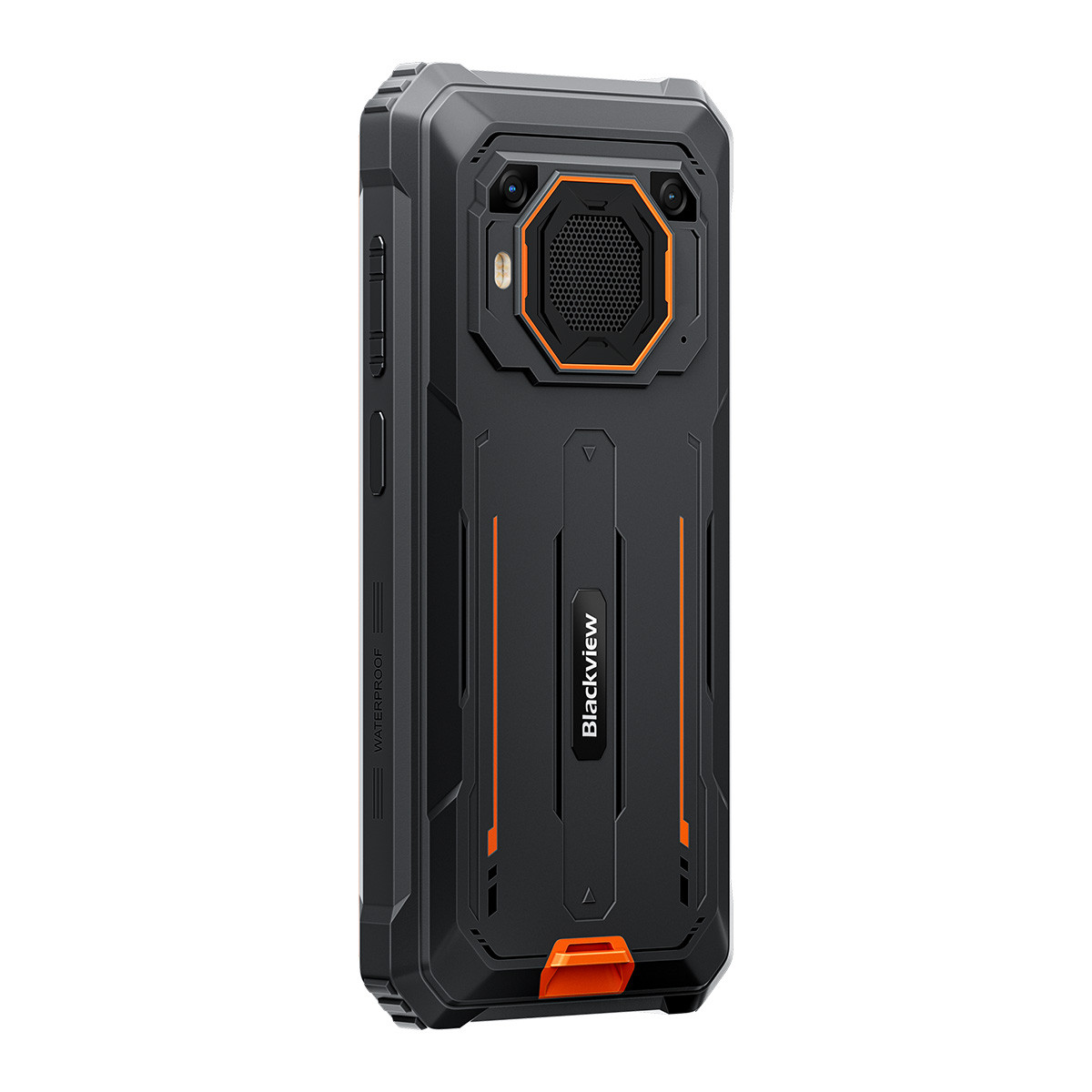Un telefono rugged Blackview nero con dettagli arancioni, un altoparlante prominente e un'etichetta impermeabile.