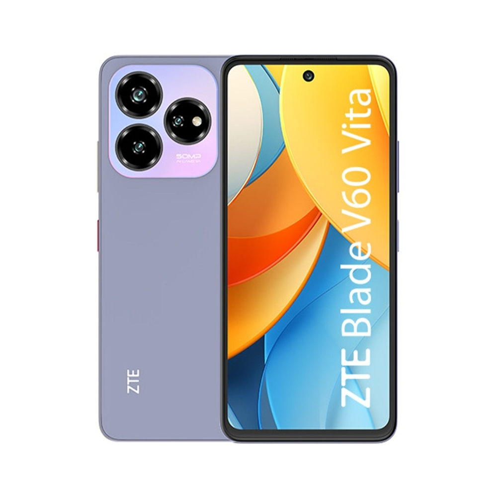 Jasnofioletowy telefon ZTE z ekranem wyświetlającym 'ZTE Blade V60 Vita' i trzema obiektywami aparatu.